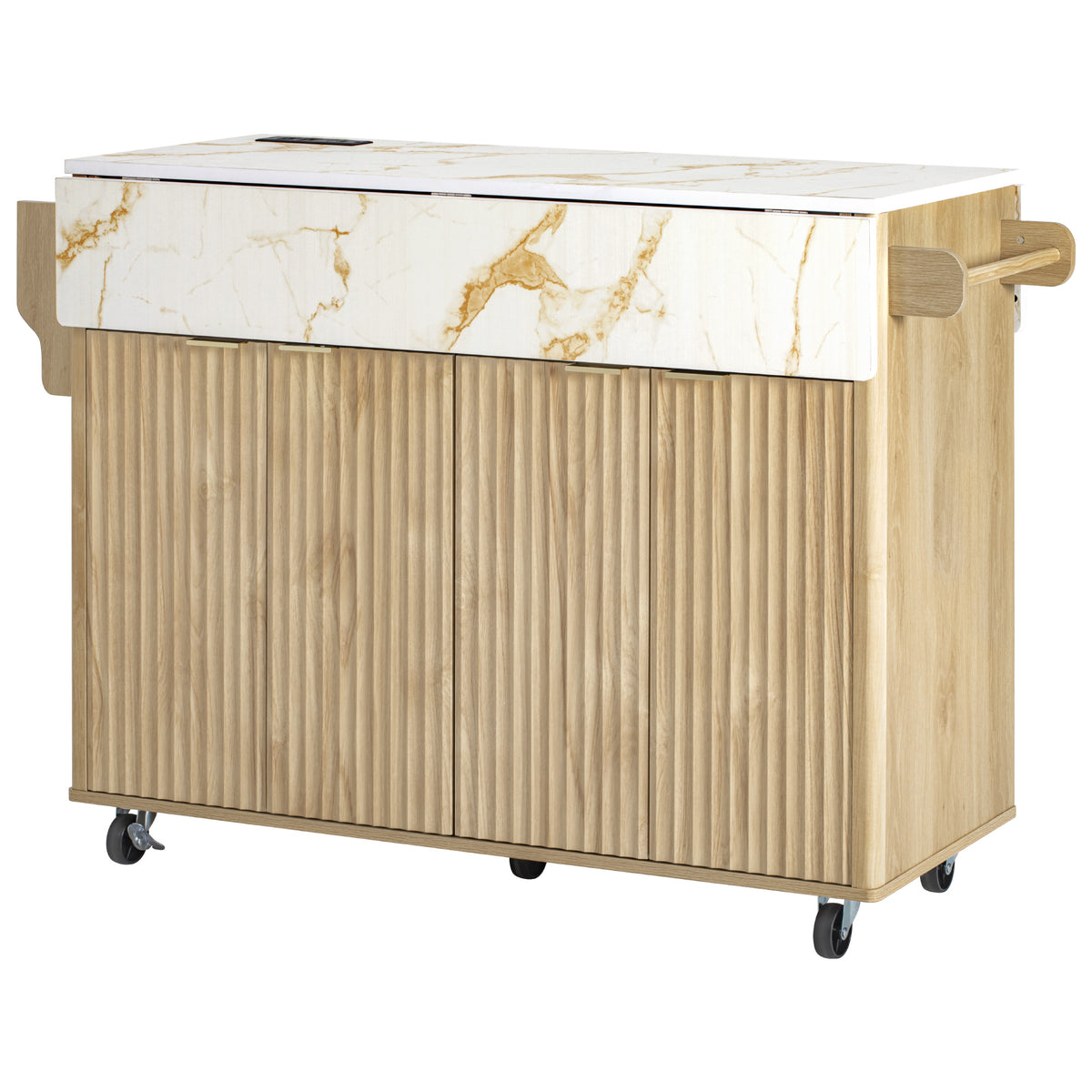 variant-group:rf-n707p353934y|Roomfitters 55.5" Fluted Kitchen Island with Double Drop Leaf, Natural Storage Cart with Power Outlet & Faux Marble Top