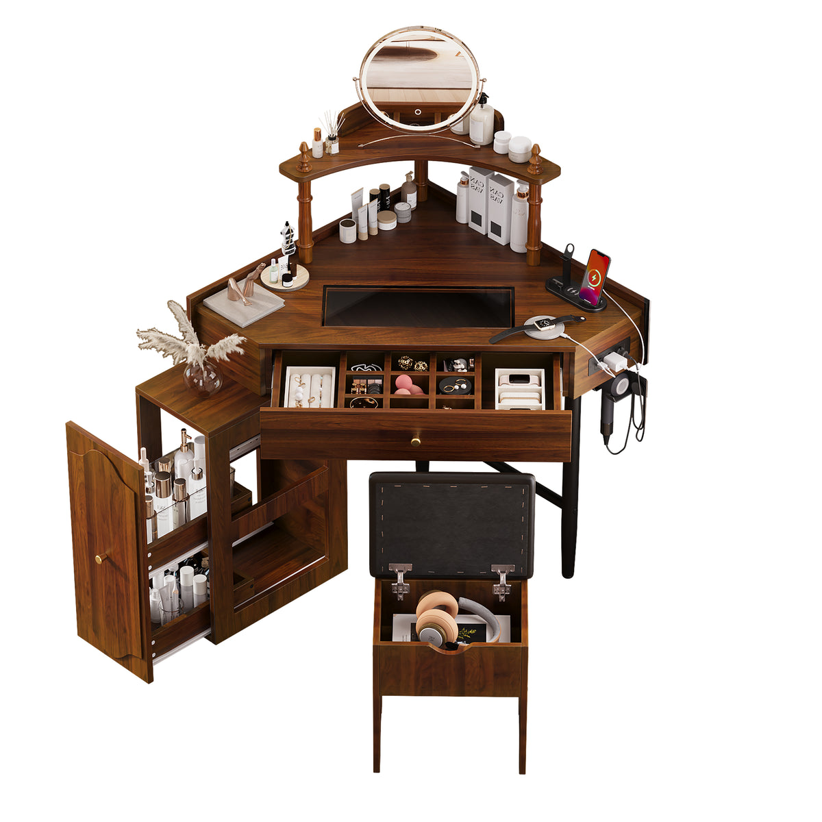 variant-group:rf-n733p336237d|Roomfitters Corner Vanity Desk Set with Stool, Charging Station, Glass Top, Drawer, Shelf, Pull-Out Cabinet, Walnut