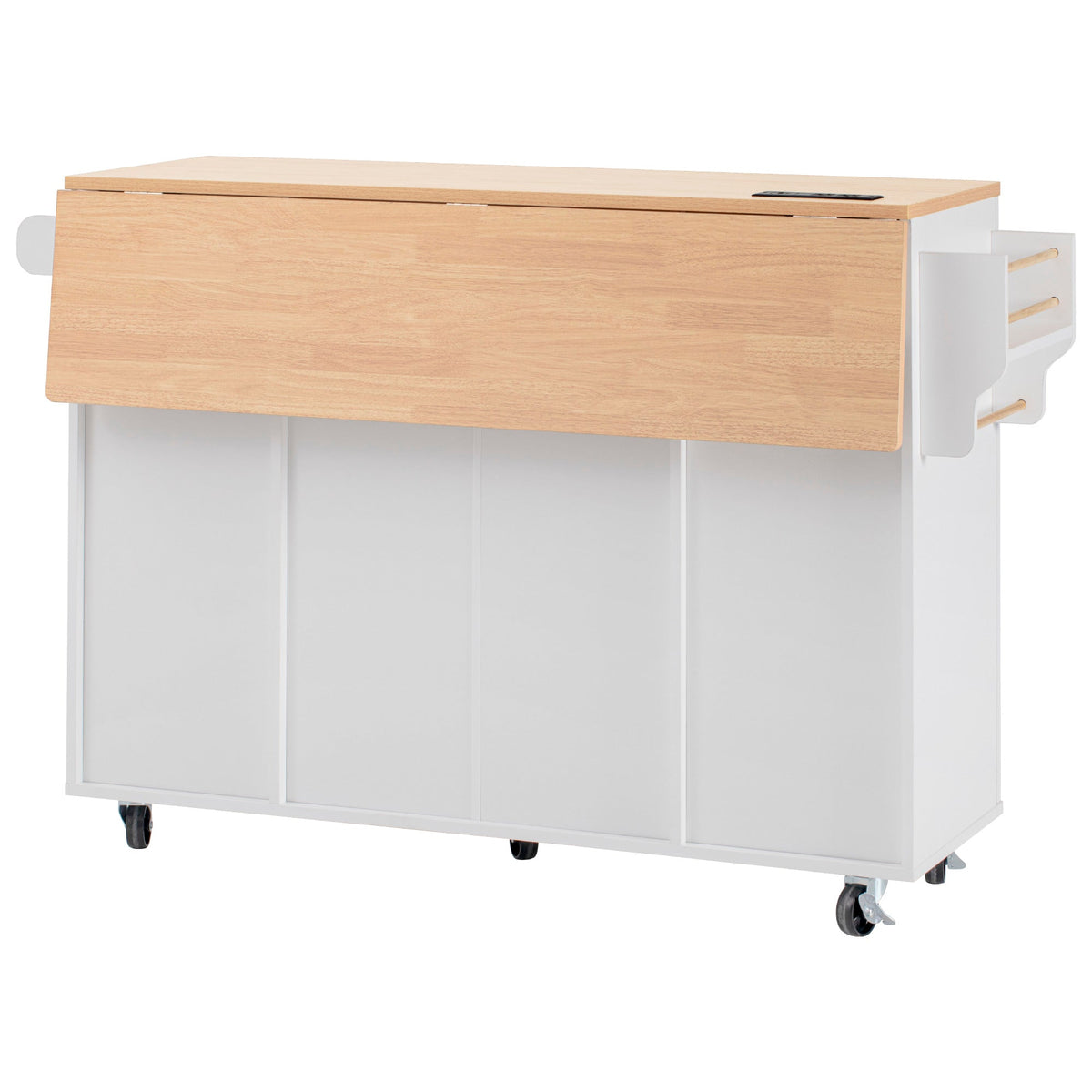 Roomfitters 55.5" Kitchen Island with Power Outlet and Drop Leaf, Rolling Storage Cabinet with Fluted Door Design, White