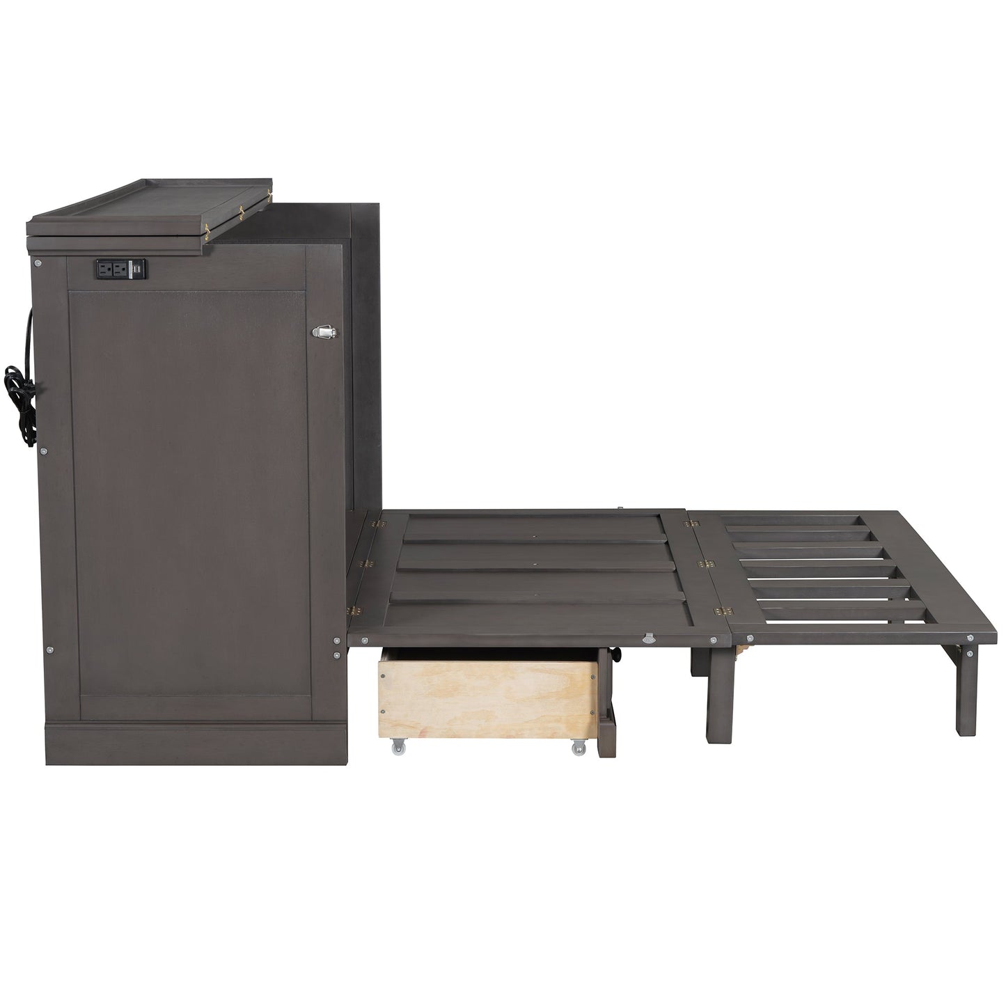 Roomfitters Full Size Solid Wood Murphy Bed Chest Cabinet, Farmhouse Wall Bed Charging Station Storage Drawer, Grey Roomfitters