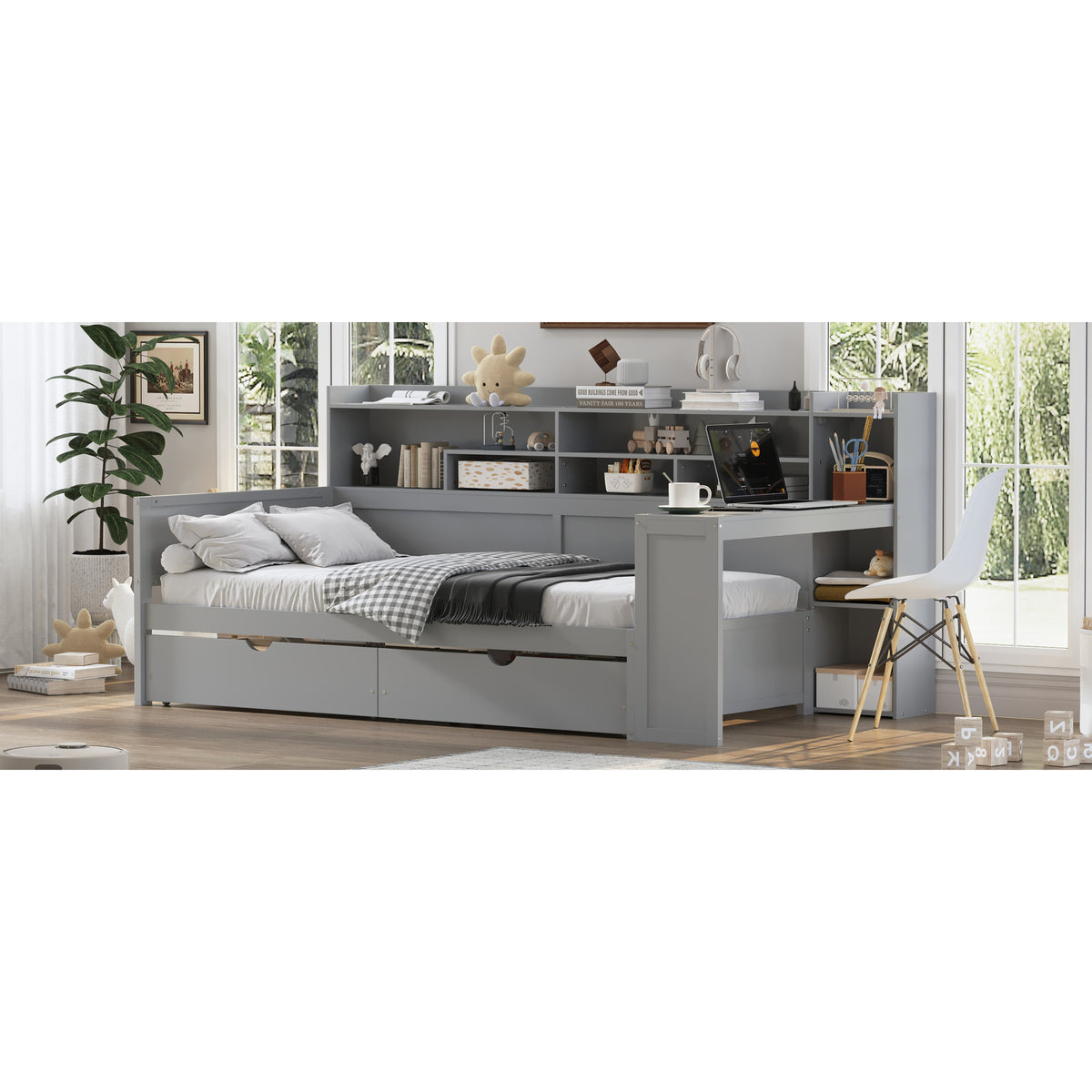 variant-group:rf-n733s241484e|Roomfitters Wooden Twin Size Daybed with Storage Shelves, Multi-functional Bed with Two Storage Compartments and Study Desk, Gray