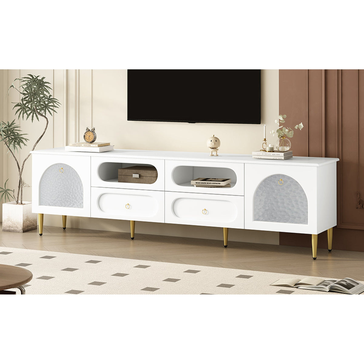 Roomfitters Retro TV Stand for up to 85 Inch TV, Media Console Cabinet with Drawers, Cabinets and Metal Legs, White Roomfitters