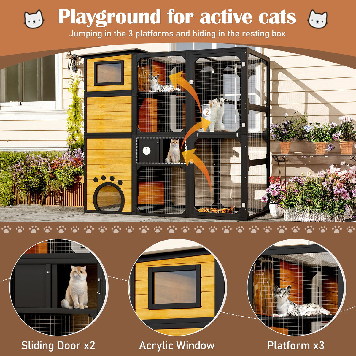 Roomfitters Large Outdoor Cat Catio Enclosure Weatherproof Attached to Window Multi-Tier Cat House Brown Roomfitters