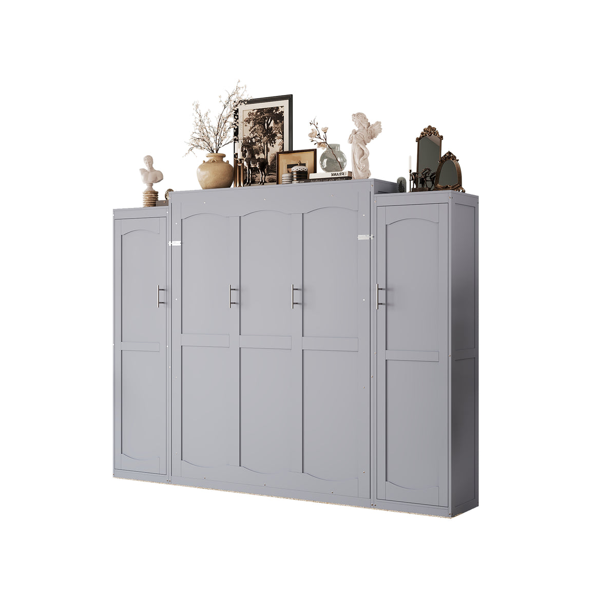 variant-group:rf-n733s235596e|Roomfitters Full Murphy Wall Bed with Two Wardrobes and Storage Shelf, Foldable Platform Bed Frame for Guest Room, Gray