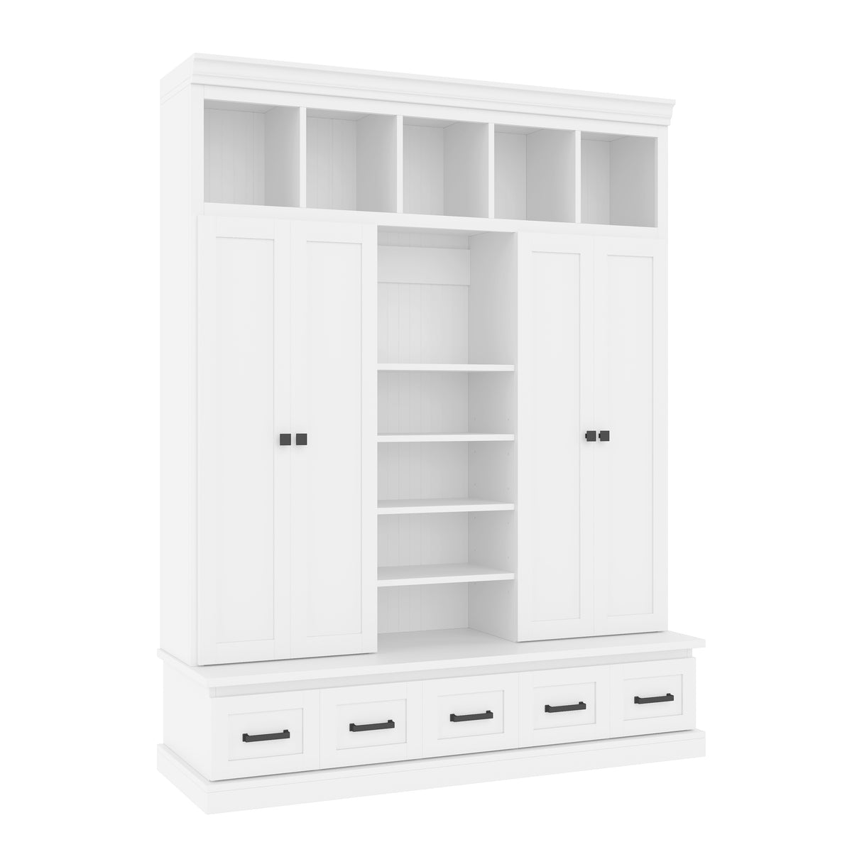 variant-group:rf-n724sj000139aak|Roomfitters 78.7" Hall Tree with Bench, 5 Cubbies, 4 Doors, 5 Drawers, Adjustable Shelves, White