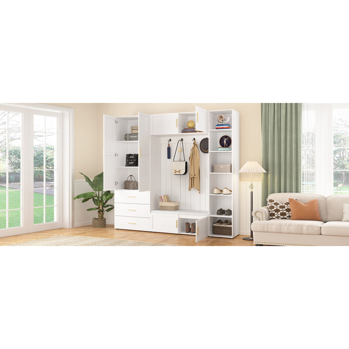 variant-group:rf-n724sj000167aak|Roomfitters American Style Extra-Wide Hall Tree with Padded Cushion Seat, Ancient White
