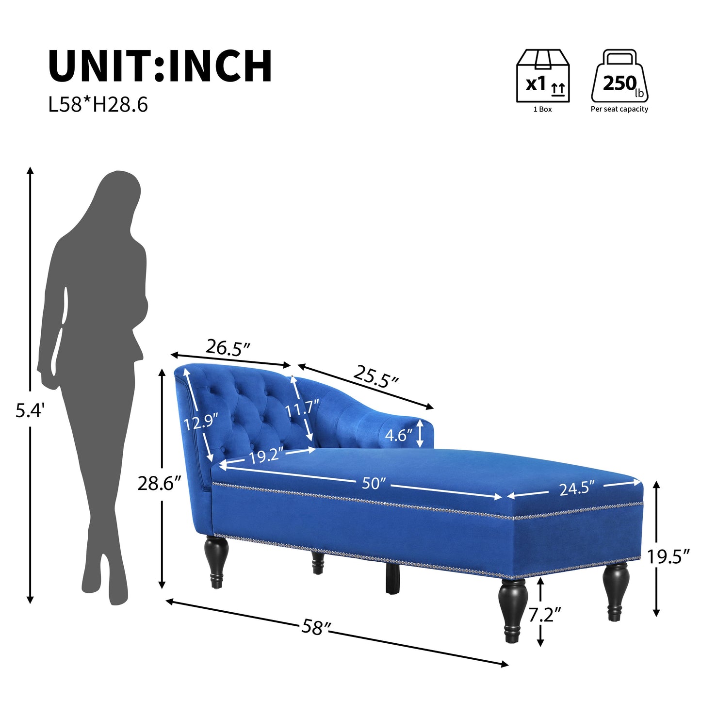 Roomfitters 58 Inch Fainting Couch, Velvet Upholstered Chaise Lounge Sofa with Button-Detailed Back & Nailhead Trim, Blue