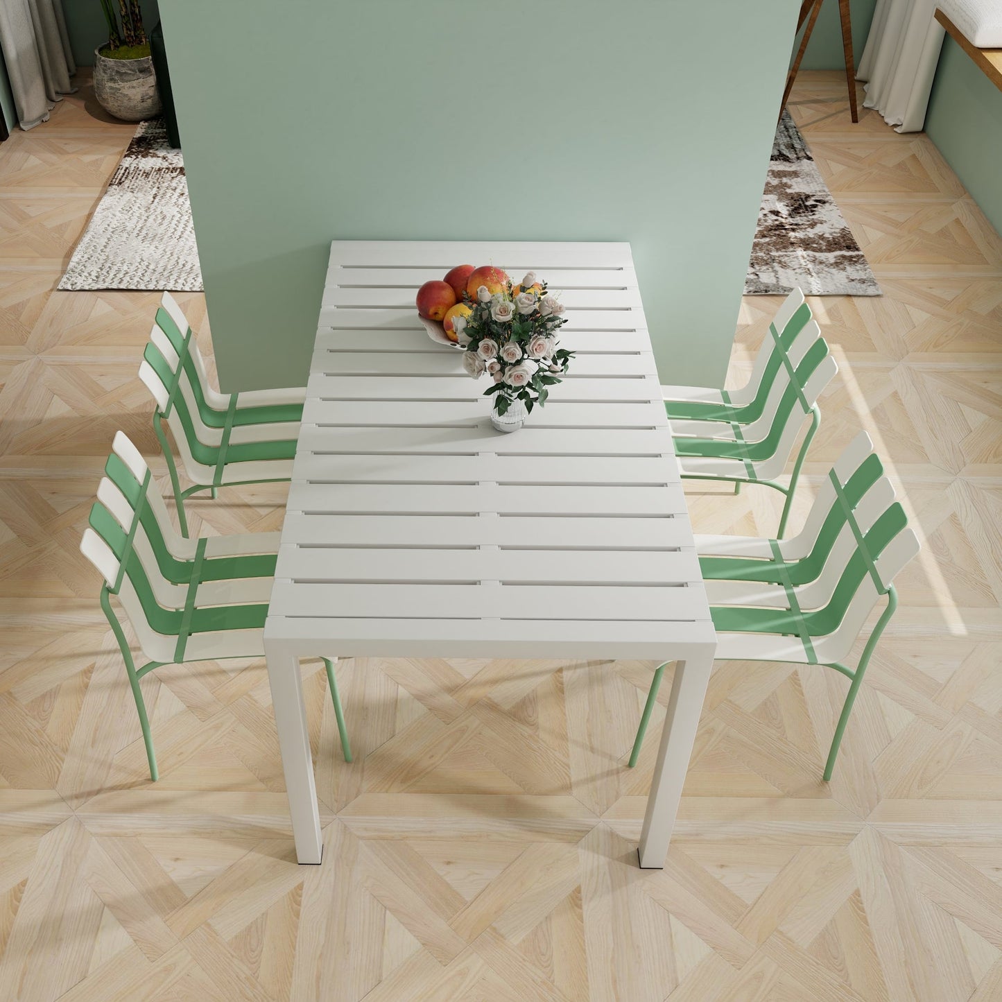 Summer- 4-Pack Modern Striped Color Block Chairs - Waterproof PP Seat & Sturdy Metal Legs, Indoor/Outdoor Dining Set for Patio, Balcony, Café (White & Green) Roomfitters