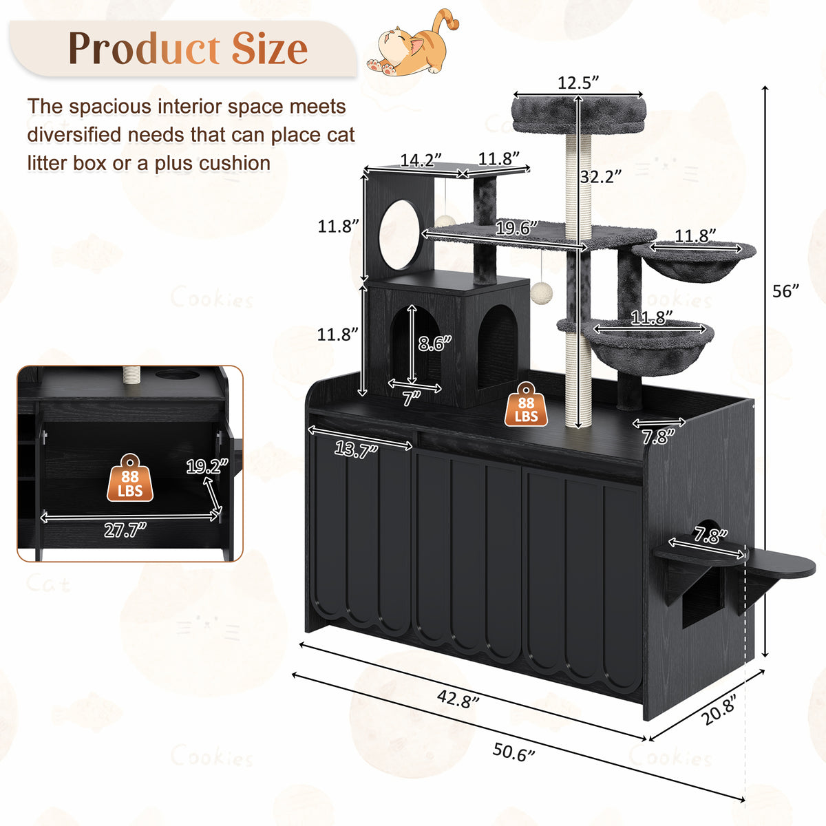 variant-group:rf-n704p443505b|Roomfitters All-in-One Modern Multi-Level Cat Tree Tower Condo with Hidden Litter Box Enclosure Space Black