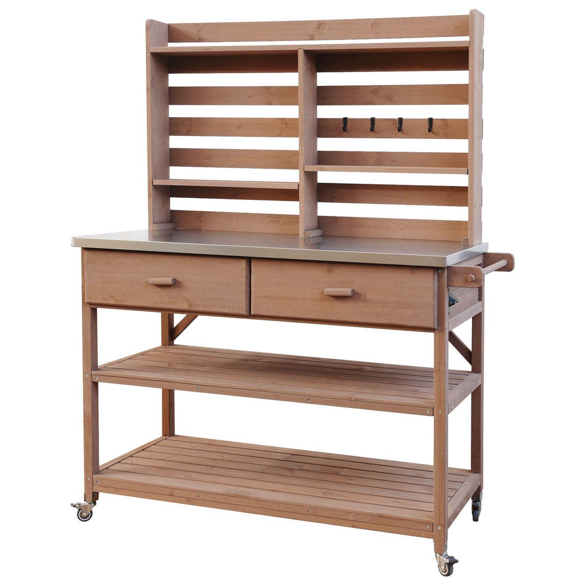 variant-group:rf-n707p228274z|Roomfitters 64.9" Outdoor Potting Bench Table, Rolling Kitchen Island with Hutch, Stainless Steel Top, Storage, Brown