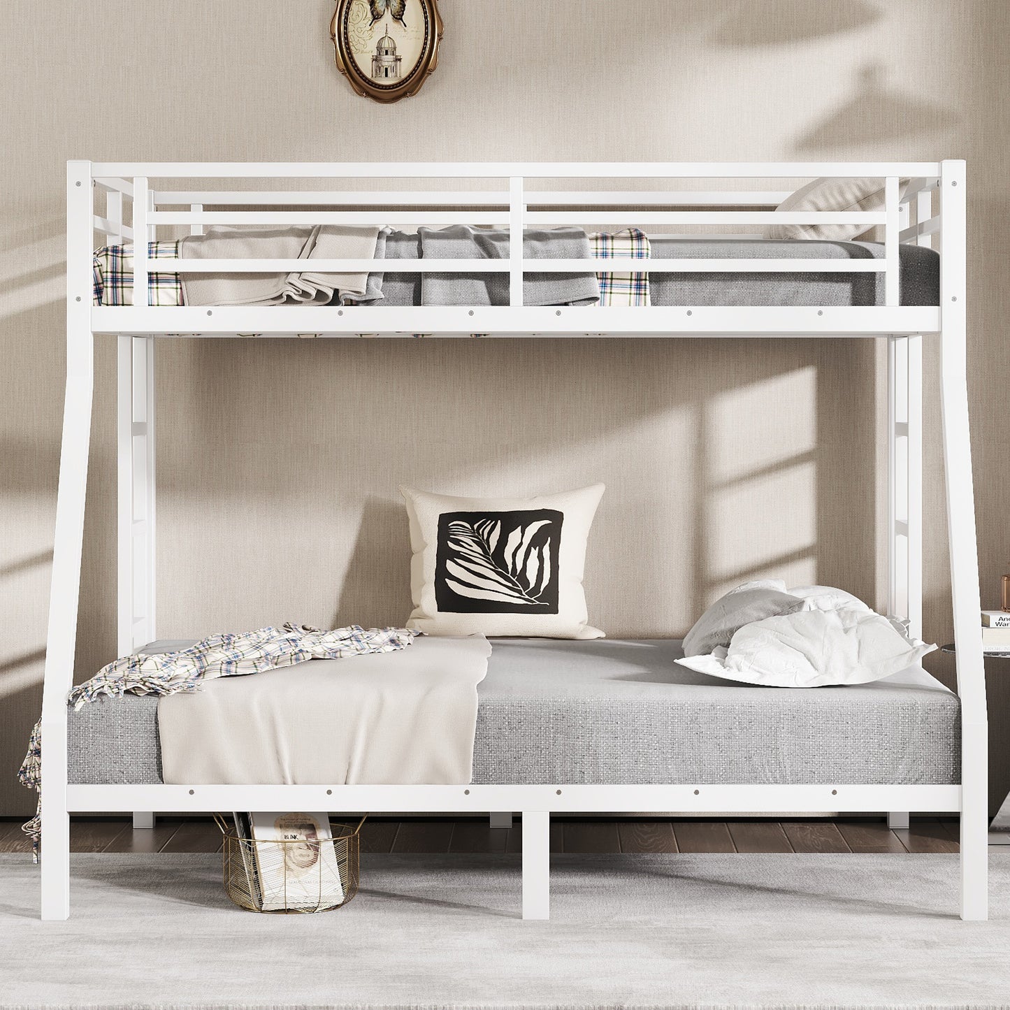 variant-group:rf-w1580p336604|Roomfitters Metal Twin Over Full Bunk Bed Frame with Ladder & Safety Rail, Heavy-Duty Space-Saving Design, White