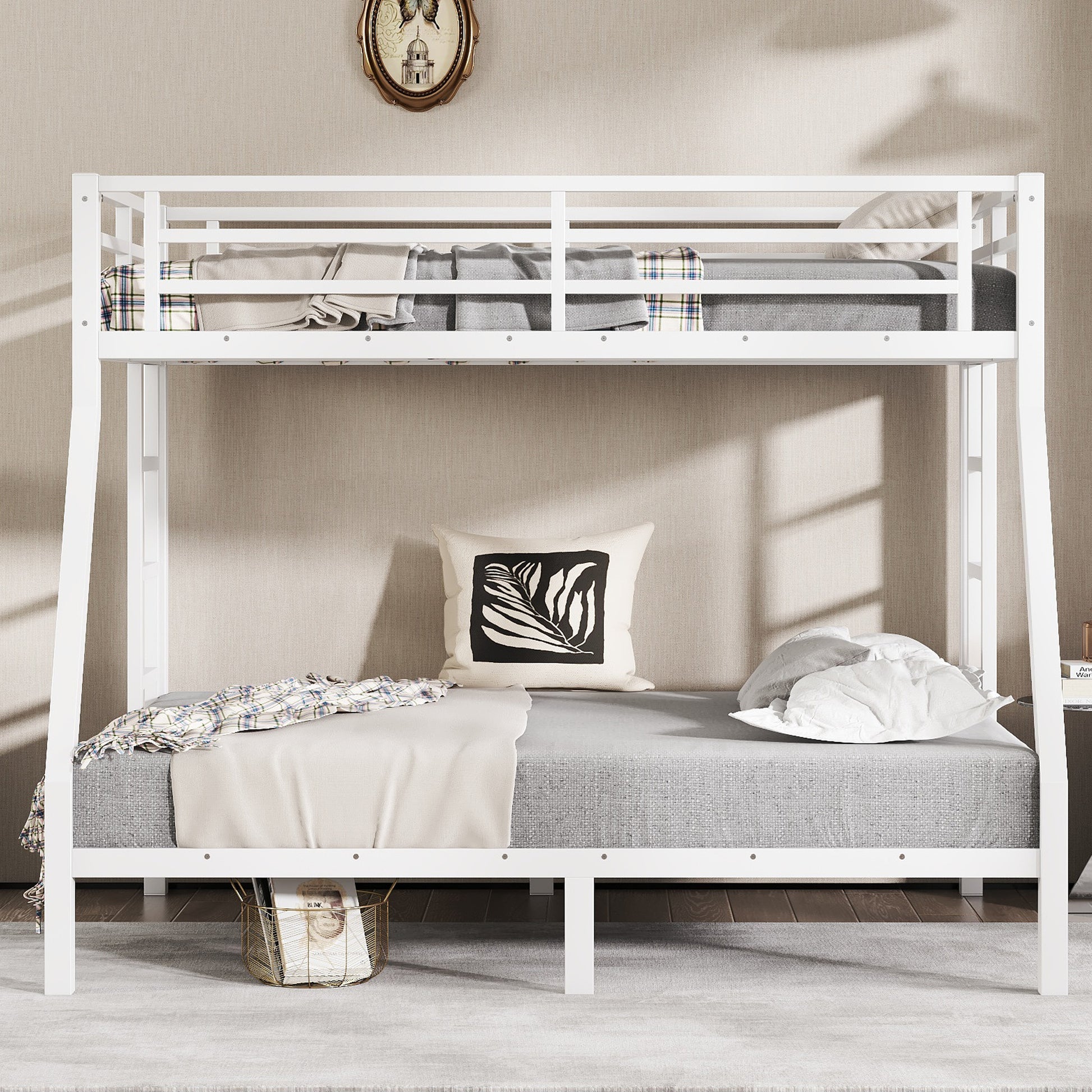 variant-group:rf-w1580p336604|Roomfitters Metal Twin Over Full Bunk Bed Frame with Ladder & Safety Rail, Heavy-Duty Space-Saving Design, White