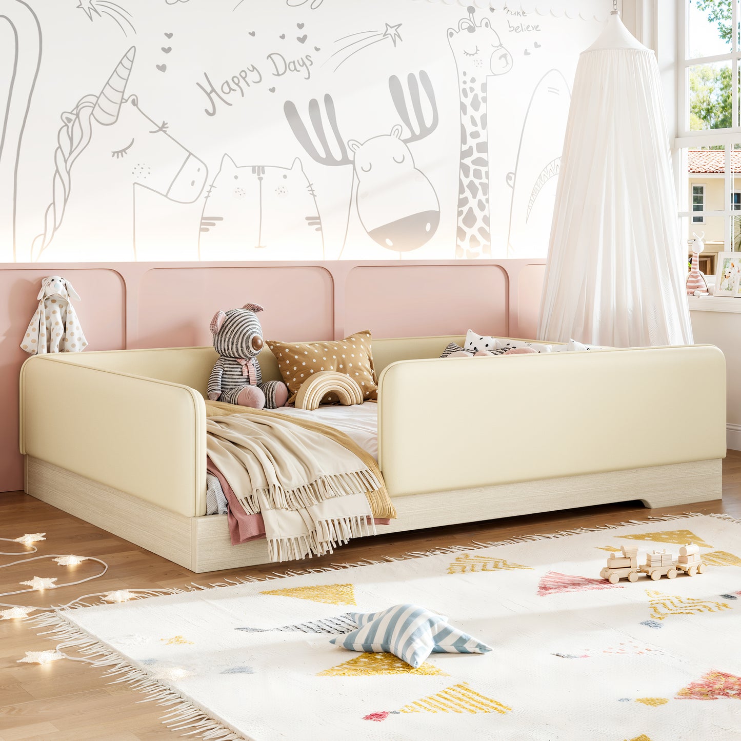 variant-group:rf-w1580s00671|Roomfitters Full Size Upholstered Floor Bed Frame with Removable Guardrails, Faux Leather Low Profile Platform, Beige