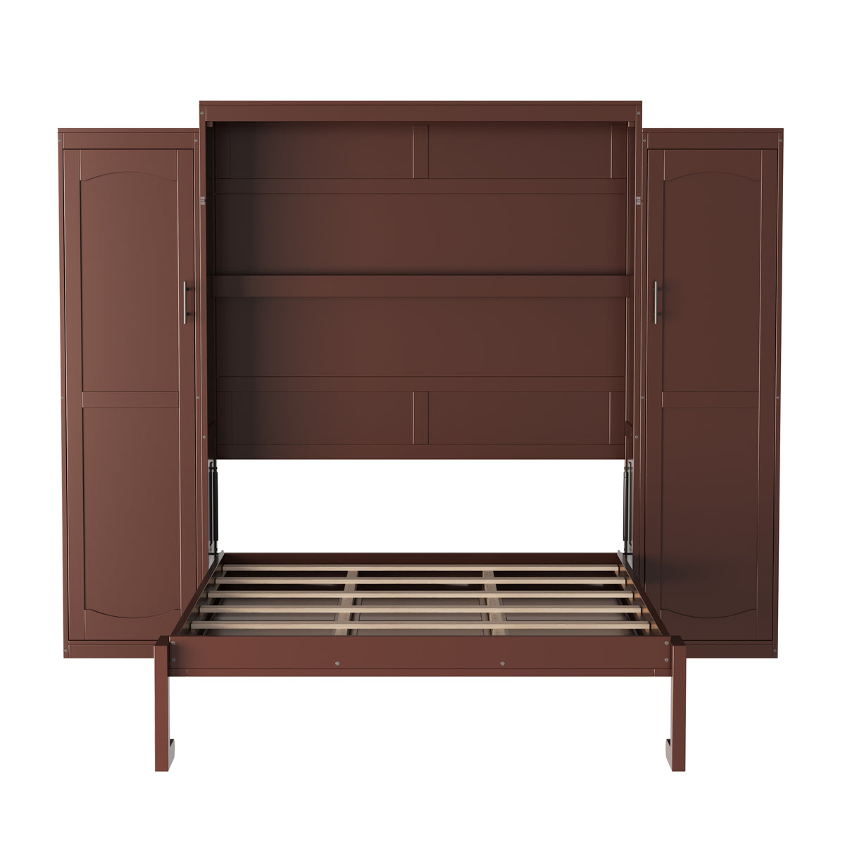 variant-group:rf-n733s235596d|Roomfitters Full Murphy Wall Bed with Two Wardrobes and Storage Shelf, Foldable Platform Bed Frame for Guest Room, Walnut