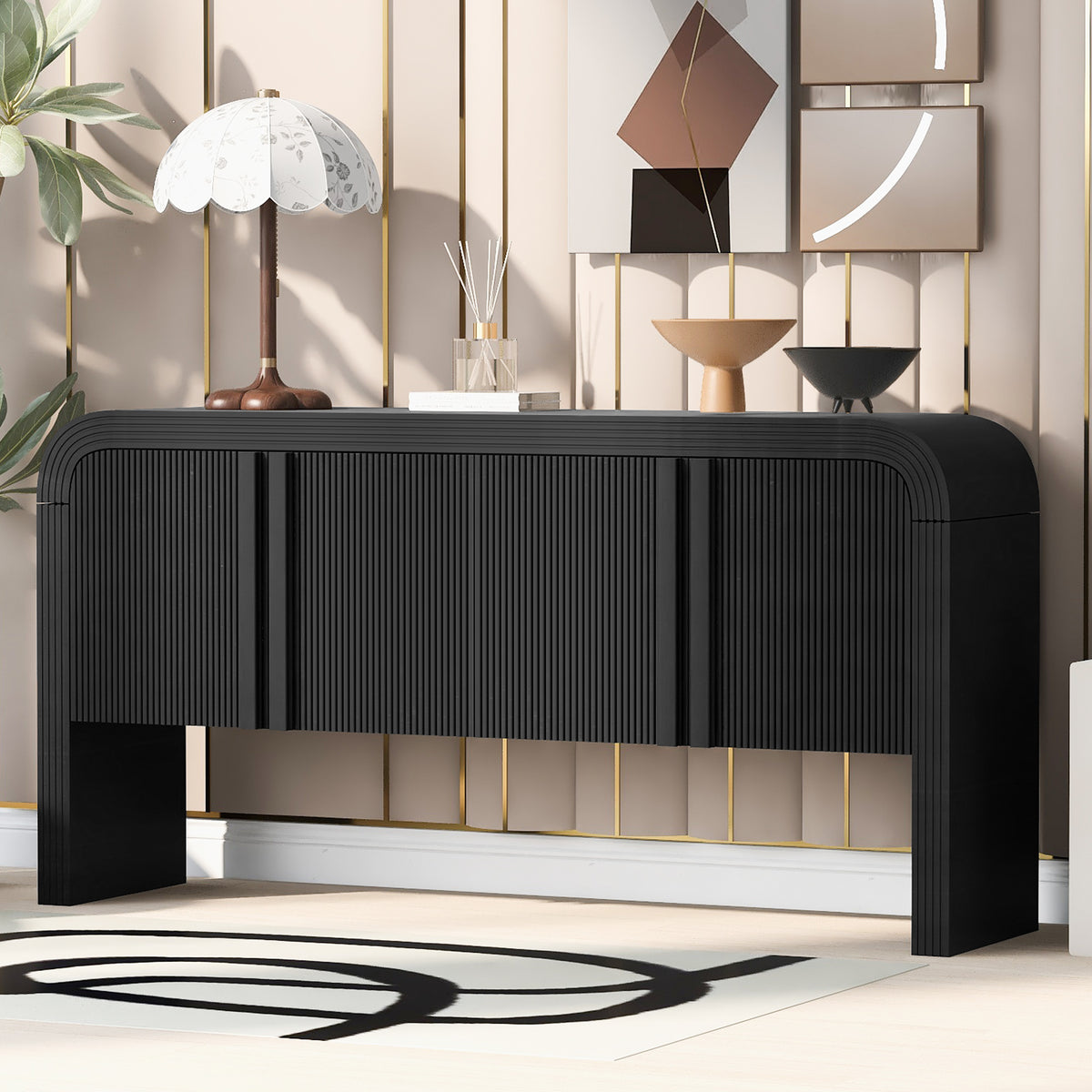 variant-group:rf-n711p415846b|Roomfitters Modern Rustic Black Curved Wave Pattern Console Table with Adjustable Storage Shelf and Elegant Wooden Handles