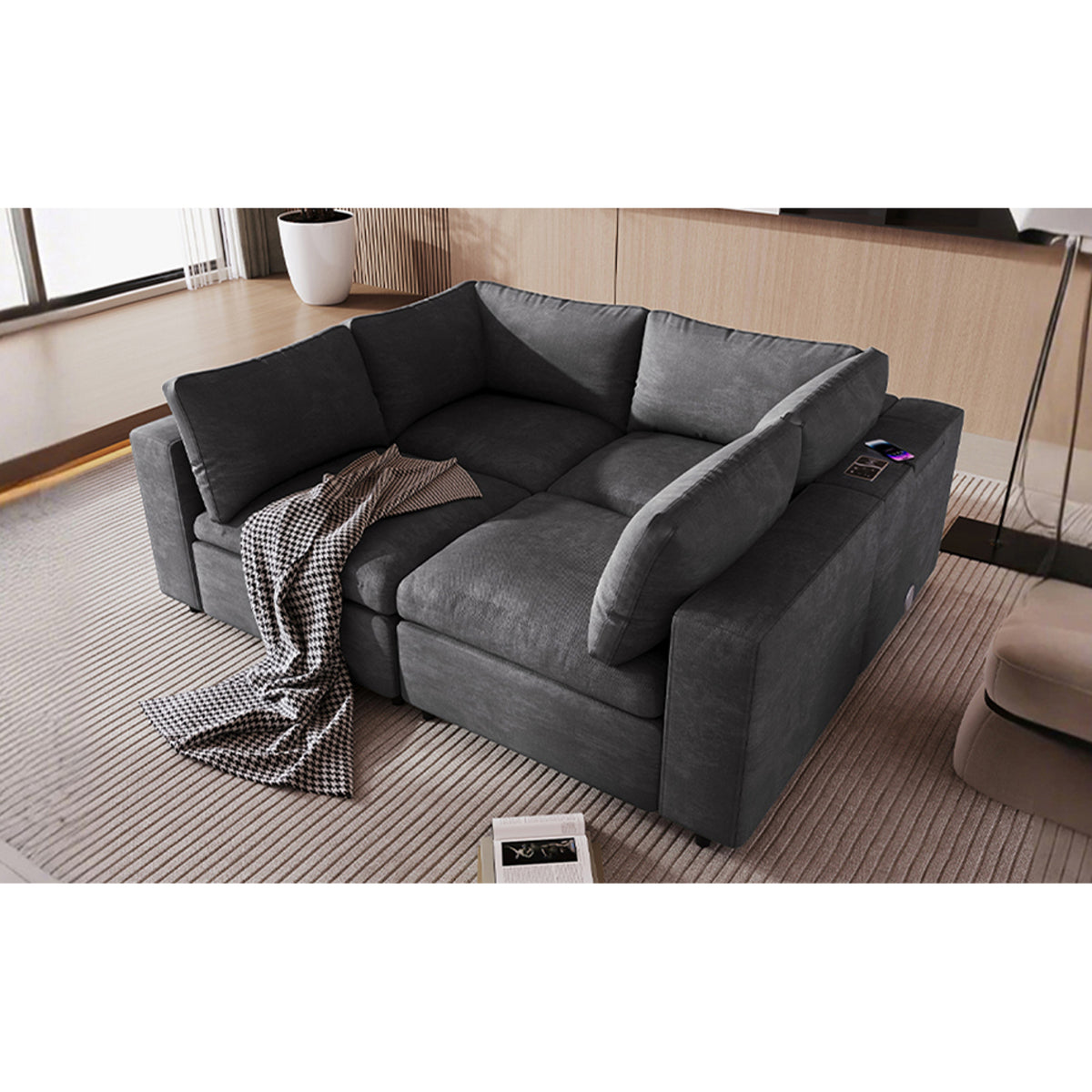 variant-group:rf-n711wy000413aae|Roomfitters Upholstered Modular Sofa with Storage Space, USB Charging Ports, Wireless Charging, Built-in Bluetooth Speaker, Sectional Sofa for Living Room and Apartment, Gray