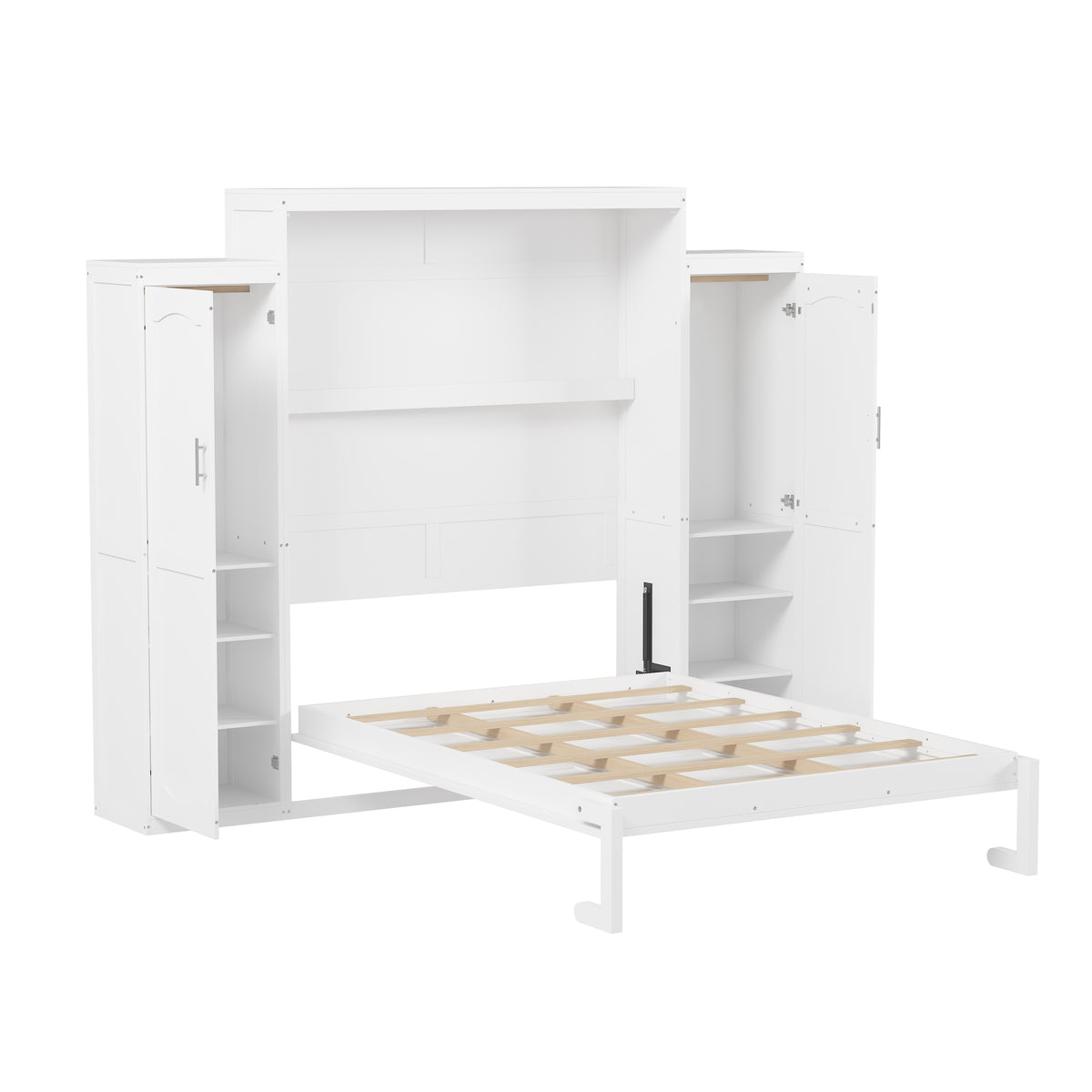 variant-group:rf-n733s339767k|Roomfitters Queen Murphy Bed with Storage Cabinets and Shelf, Foldable Wall Bed Platform for Guest Room and Bedroom, White