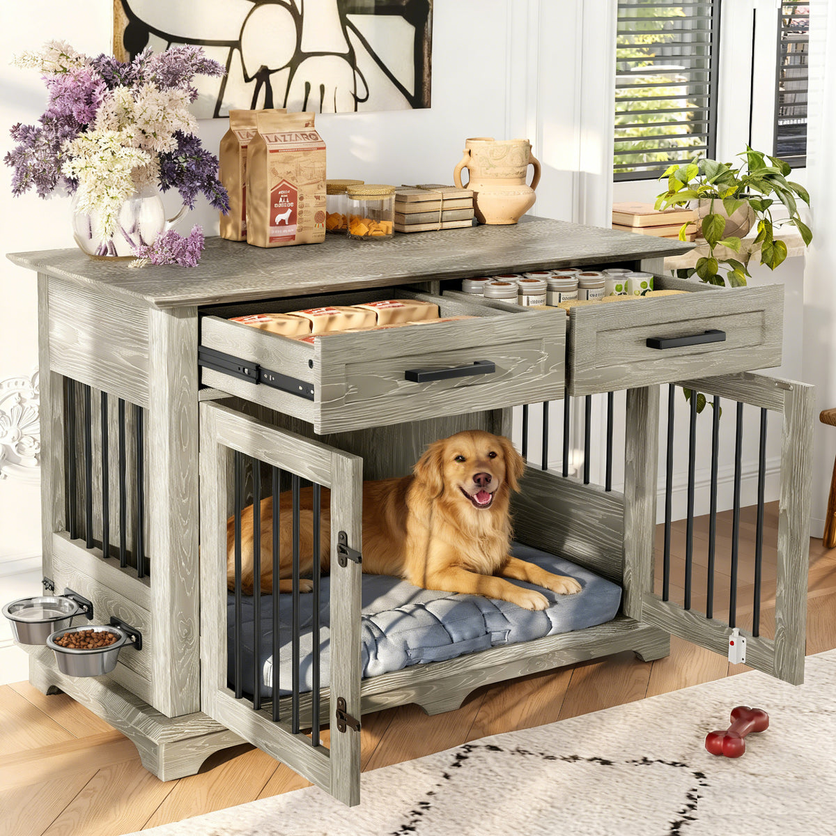 variant-group:rf-n704p379112e|Roomfitters 44-Inch Decorative Dog Crate Furniture Indoor Wooden Kennel End Table with 360 Rotating Bowls Gray