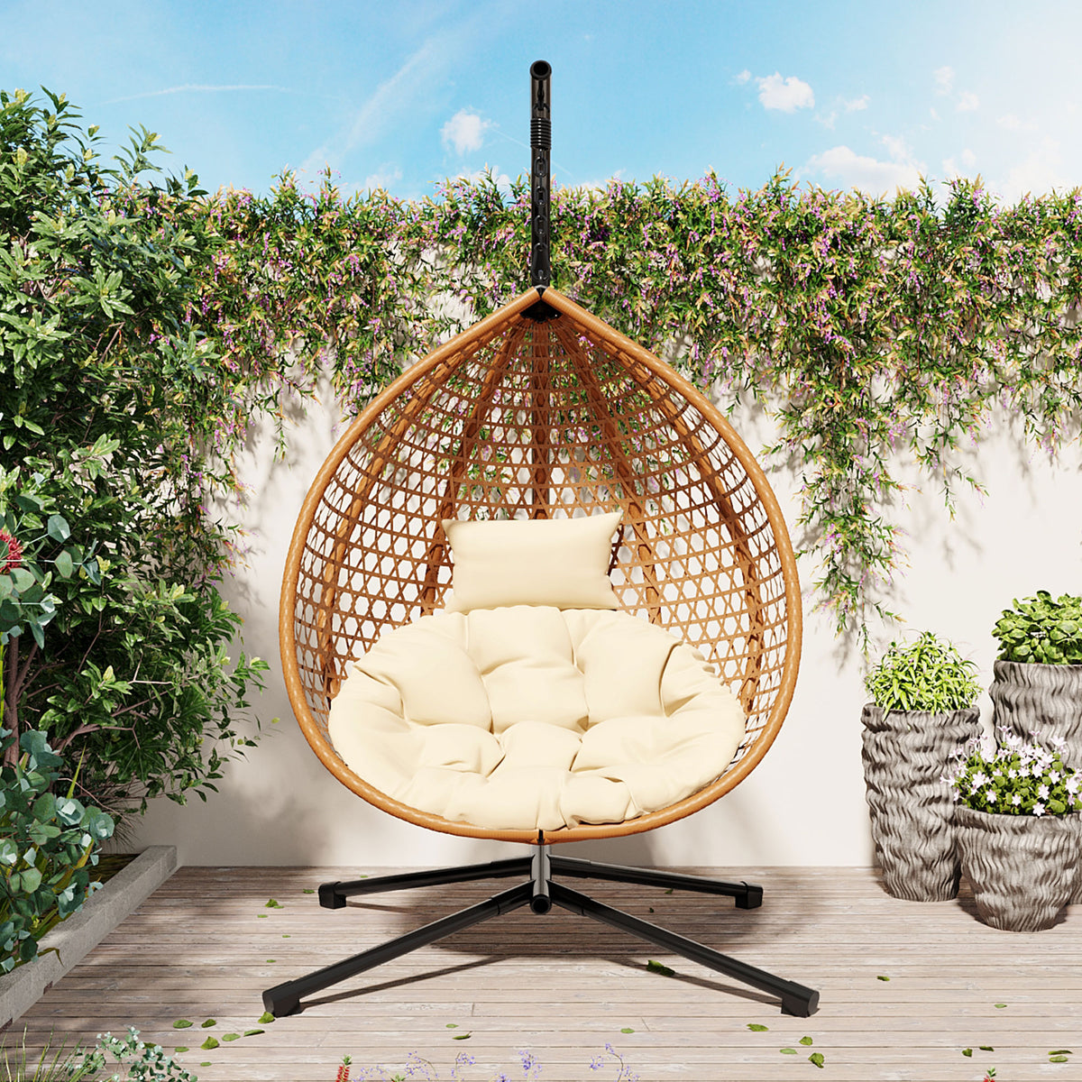 variant-group:rf-n711p255131q|Roomfitters Hanging Egg Chair with Stand, Rattan Wicker Swing Chair with Cushion for Indoor Outdoor Patio Balcony, Beige