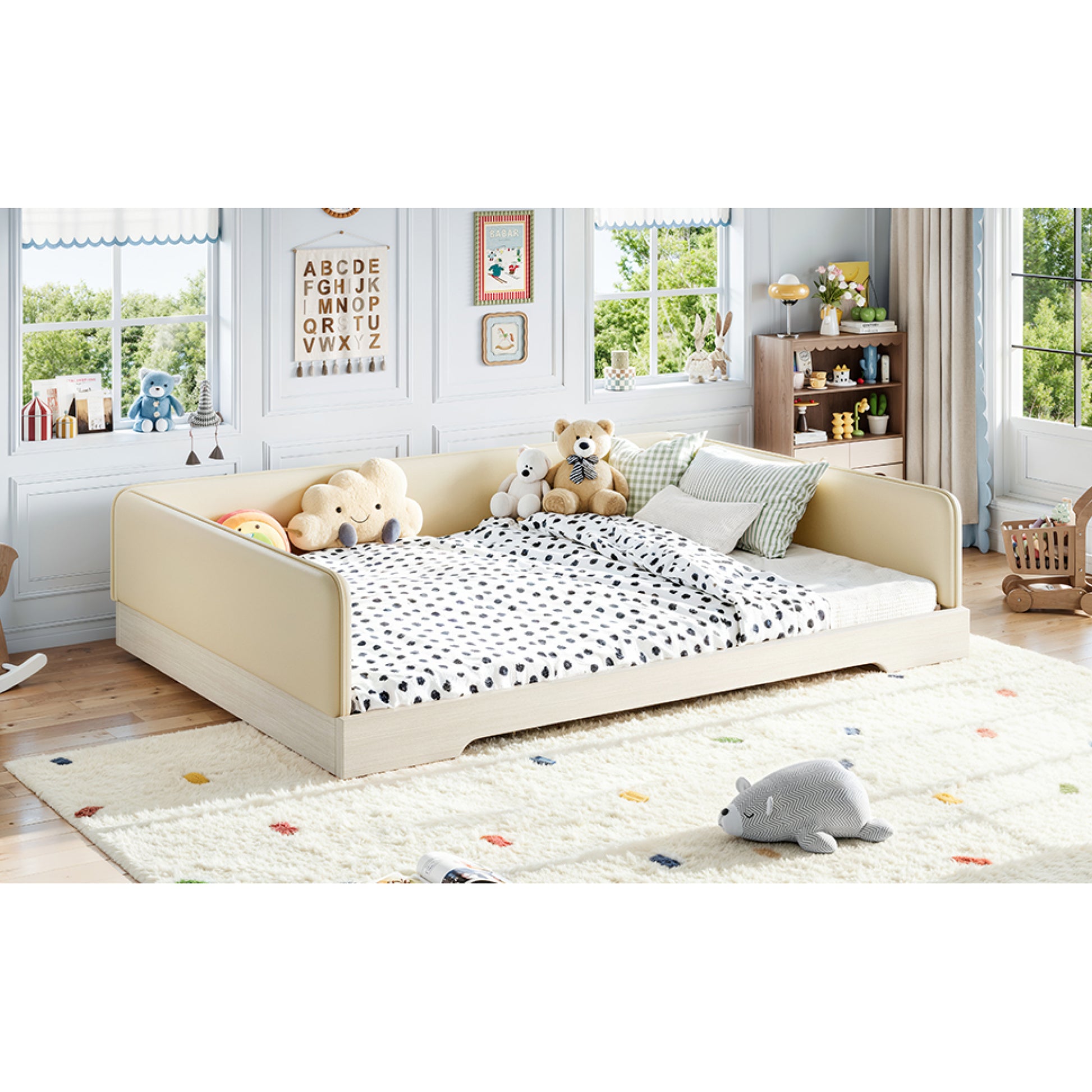 variant-group:rf-w1580s00673|Roomfitters Queen Size Upholstered Floor Bed Frame with Removable Guardrails, Faux Leather Low Profile Platform, Beige