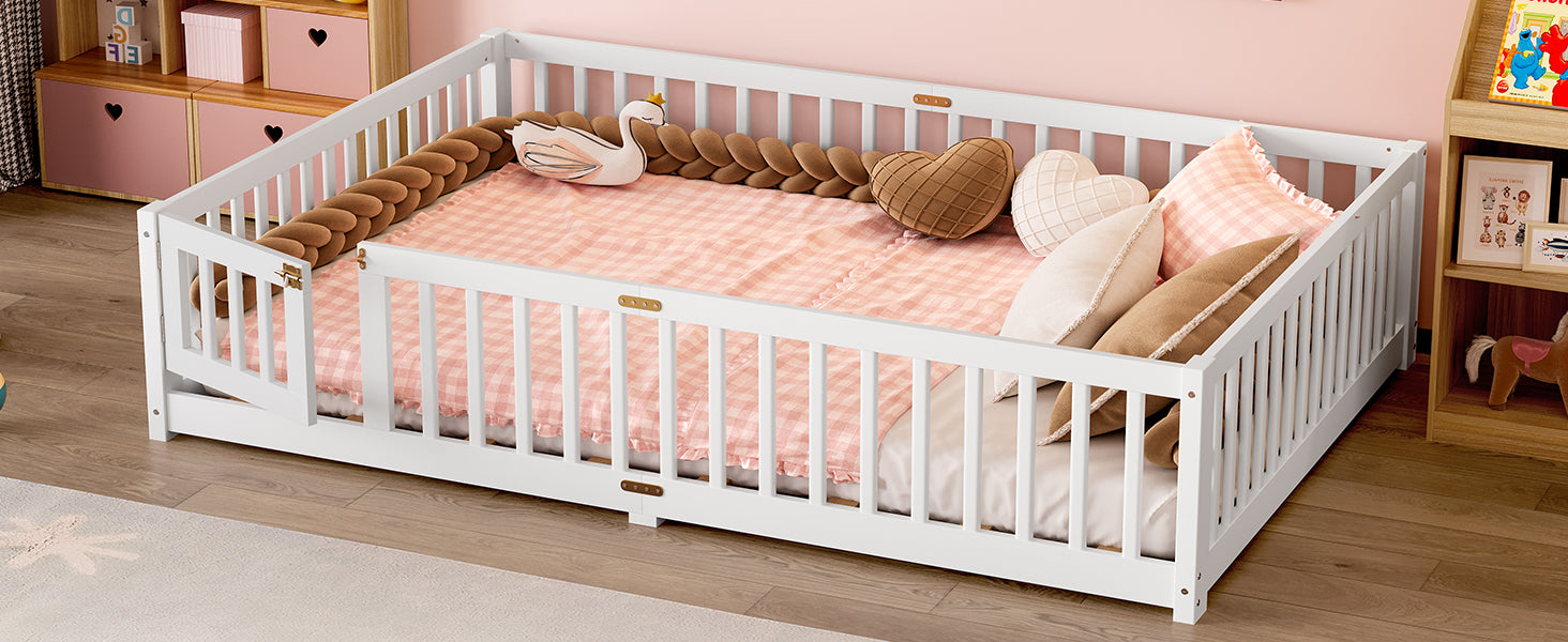 variant-group:rf-w1580p338953|Roomfitters Wooden Queen Floor Bed Frame with Door & Safety Guardrails, Low Platform Design for Bedroom or Playroom, White