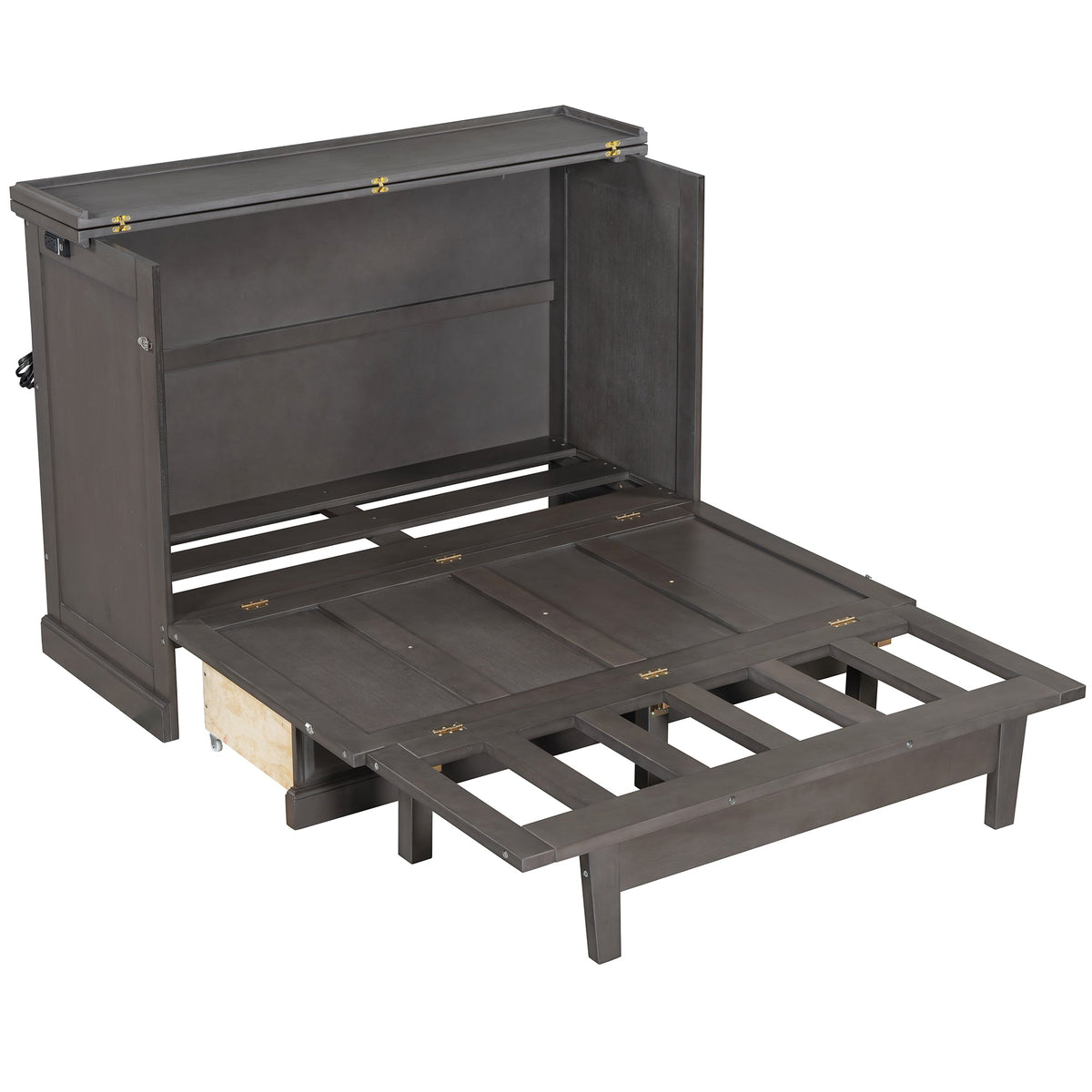 Roomfitters Full Size Solid Wood Murphy Bed Chest Cabinet, Farmhouse Wall Bed Charging Station Storage Drawer, Grey Roomfitters