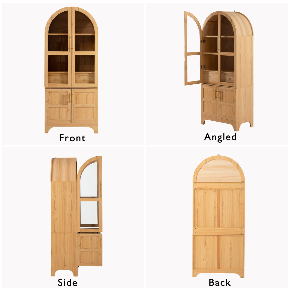 variant-group:rf-n707s288969y|Roomfitters 71" Pantry Cabinet with Arched Top & Glass Doors, 4-Door Storage Hutch with Adjustable Shelves for Kitchen, Natural