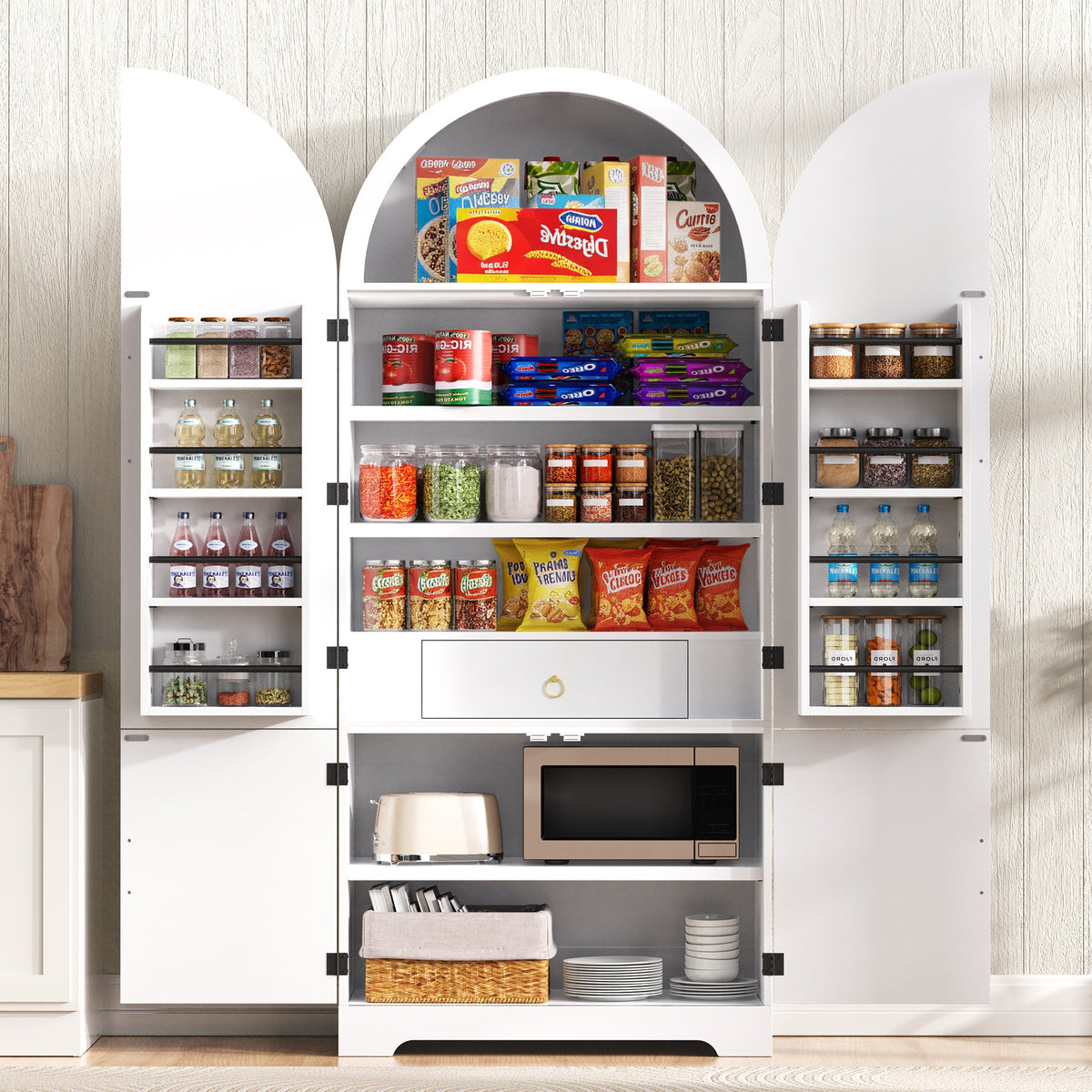 variant-group:rf-n707s000020w|Roomfitters 72" Tall Arched Kitchen Pantry Cabinet with Fluted Doors & Hidden Drawer, White