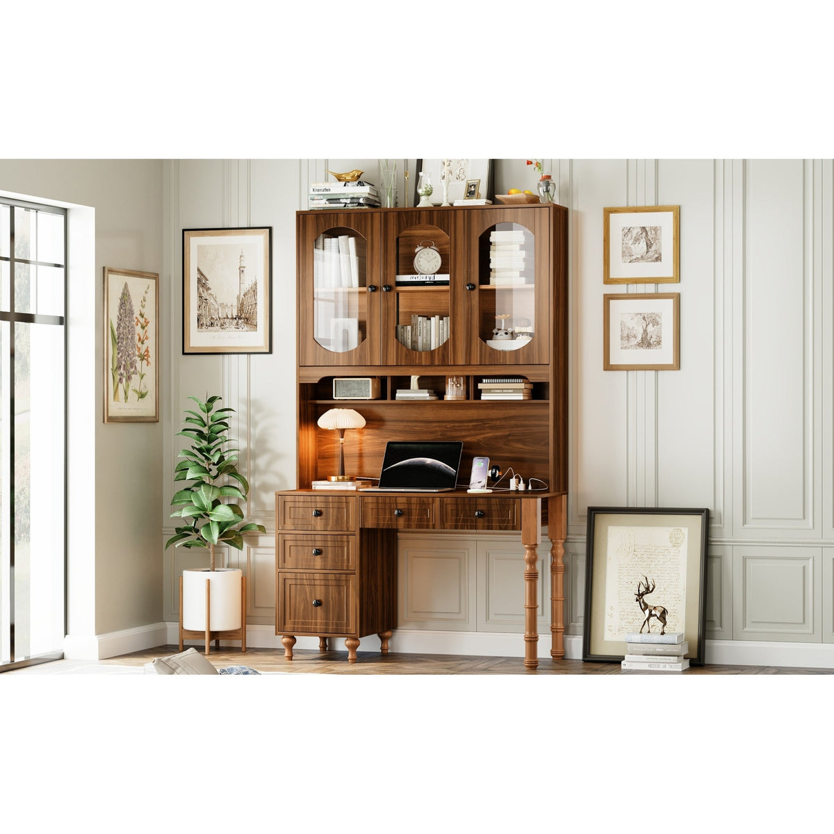 Roomfitters 47'' Retro Desk with Charging Ports and Hutch, Office Desk with 5 Storage Drawers and Glass Bookshelf, Walnut