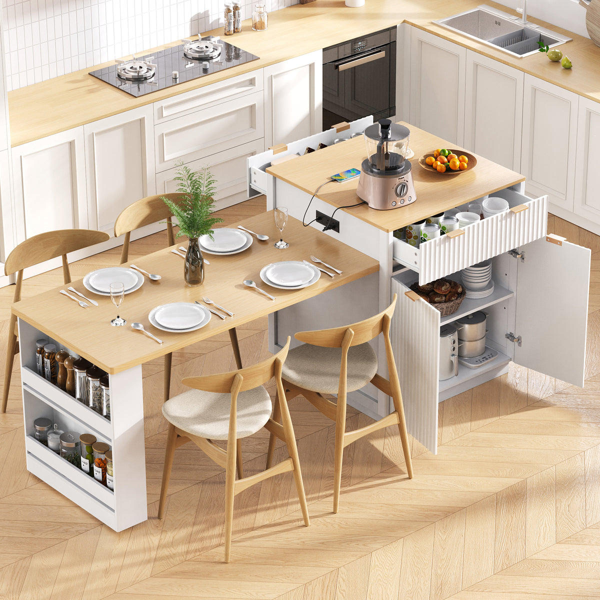 variant-group:rf-n707s000018w|Roomfitters 82.6" Fluted Kitchen Island with 51" Extendable Dining Table for 4-6, Power Outlet, White