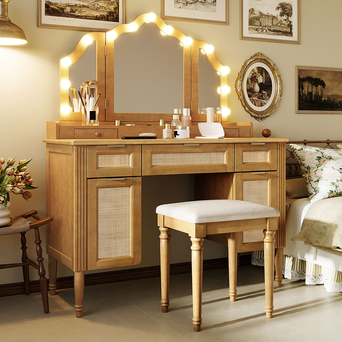 variant-group:rf-n704p342558n|Roomfitters 44-Inch Bohemian Makeup Vanity Desk with 13 Hollywood Bulbs Tri-Fold Mirror and Bamboo Drawers Natural