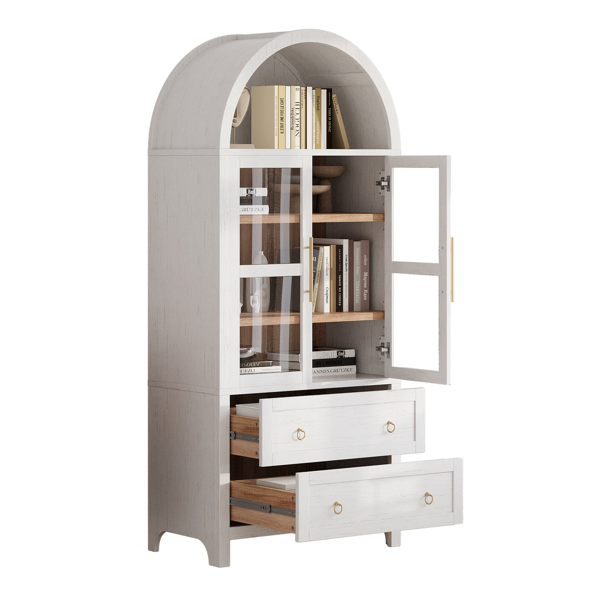 variant-group:rf-n707p288972w|Roomfitters 71" Pantry Cabinet with Arched Top and Glass Doors, 2 Storage Drawers and Adjustable Shelves for Kitchen, White