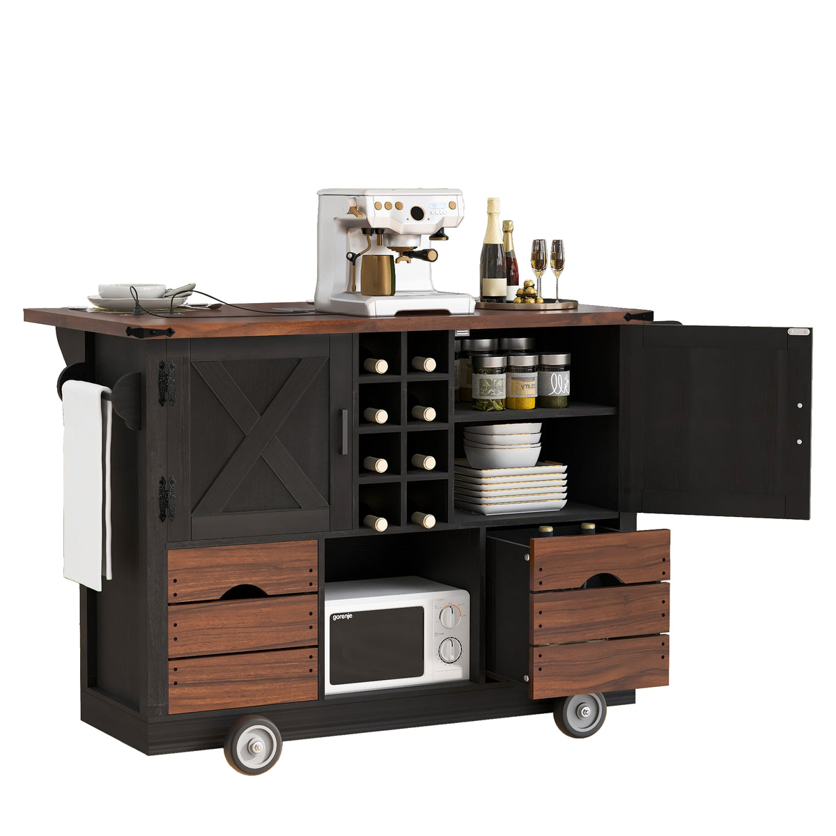 variant-group:rf-n707p349814b|Roomfitters 54" Farmhouse Kitchen Island with Drop Leaf, Power Outlet, Wine Rack, 2 Drawers, 2 Doors, Black