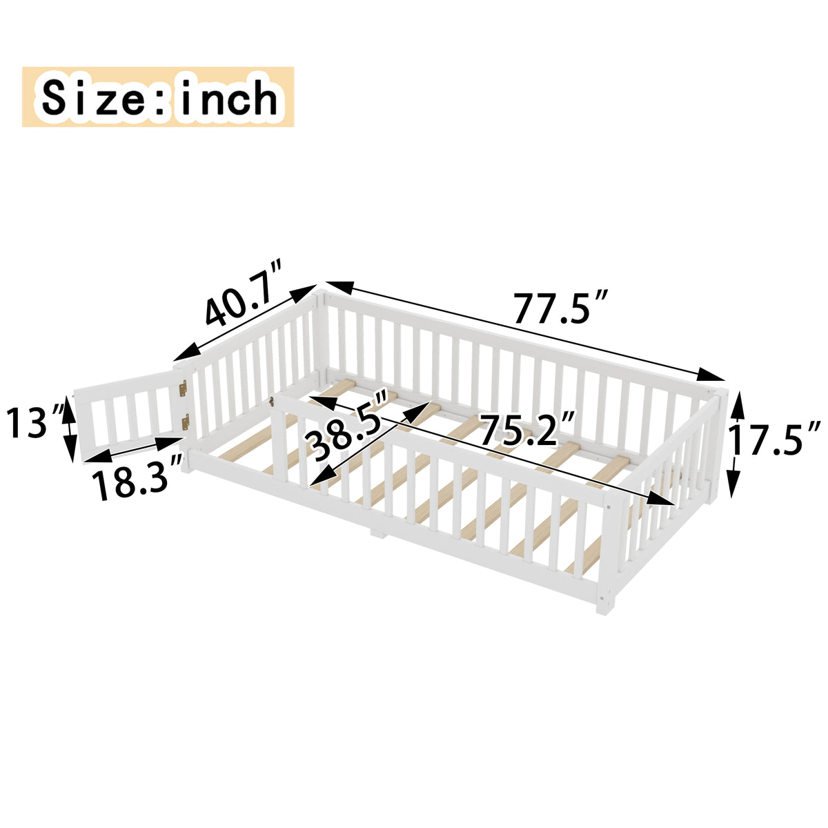 variant-group:rf-w1580p338944|Roomfitters Wooden Twin Floor Bed Frame with Door & Safety Guardrails, Low Platform Design for Bedroom or Playroom, White