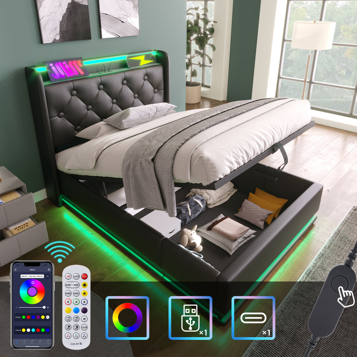 variant-group:rf-n736p188805b|Roomfitters Twin Size Upholstered Storage Bed with USB Type-C Charging and Remote Control, Faux Leather Black