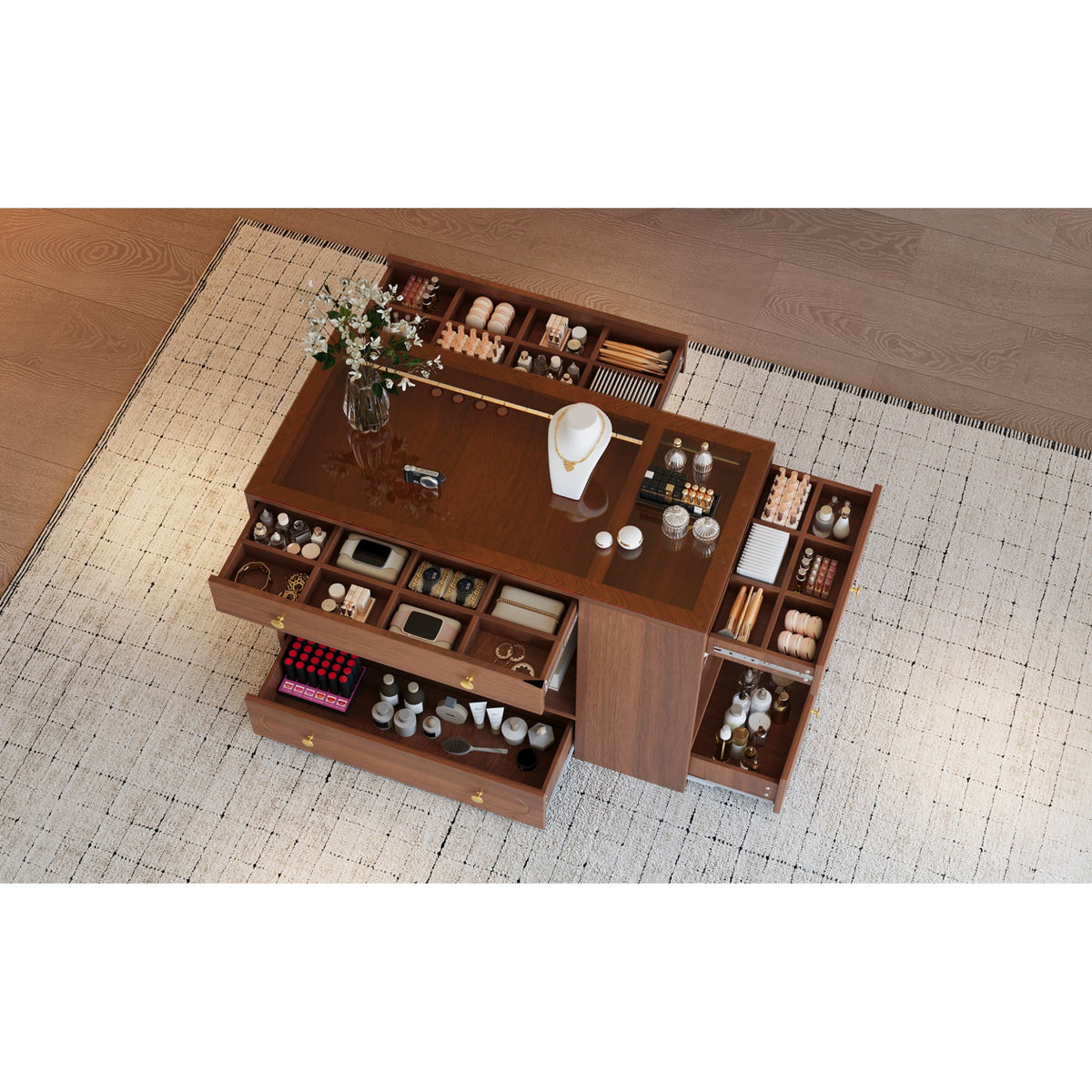 Roomfitters Closet Island with 6 Drawers, Glass Display Top and Open Shelves, Wardrobe Storage and Jewelry Vanity, Walnut