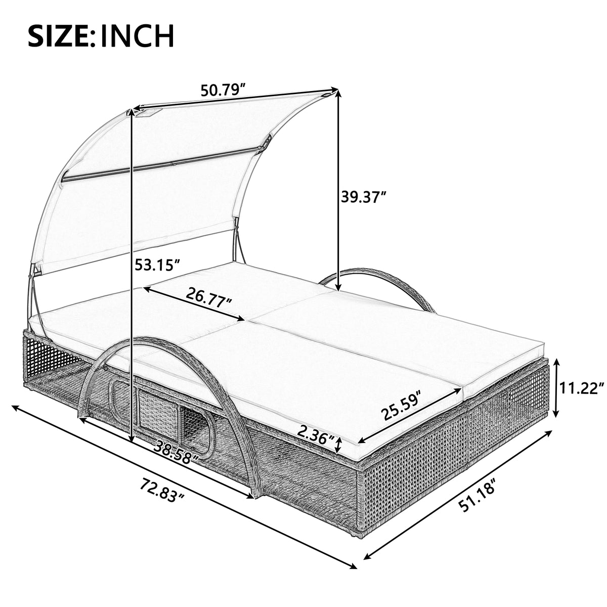variant-group:rf-n711wy000485aae|Roomfitters Slate Grey HDPE Wicker Outdoor Double Sunbed, Steel Frame Patio Chaise, Hidden Side Tables, Canopy