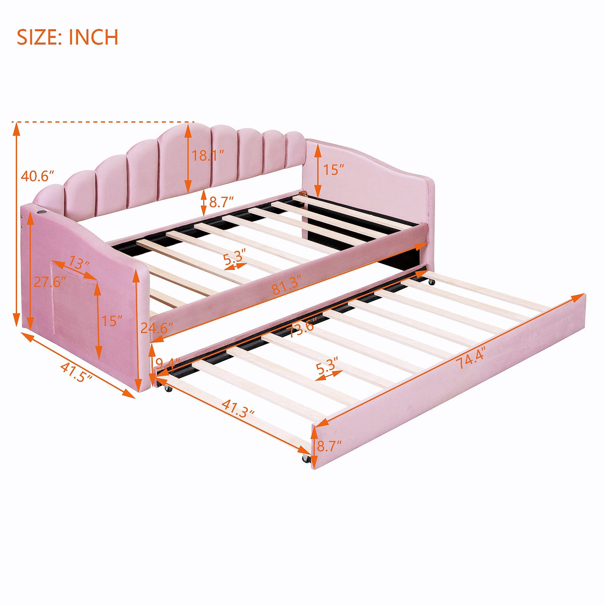 Roomfitters Twin Upholstered Daybed with Trundle, Velvet Sofa Bed with USB Charging Ports, No Box Spring, Pink