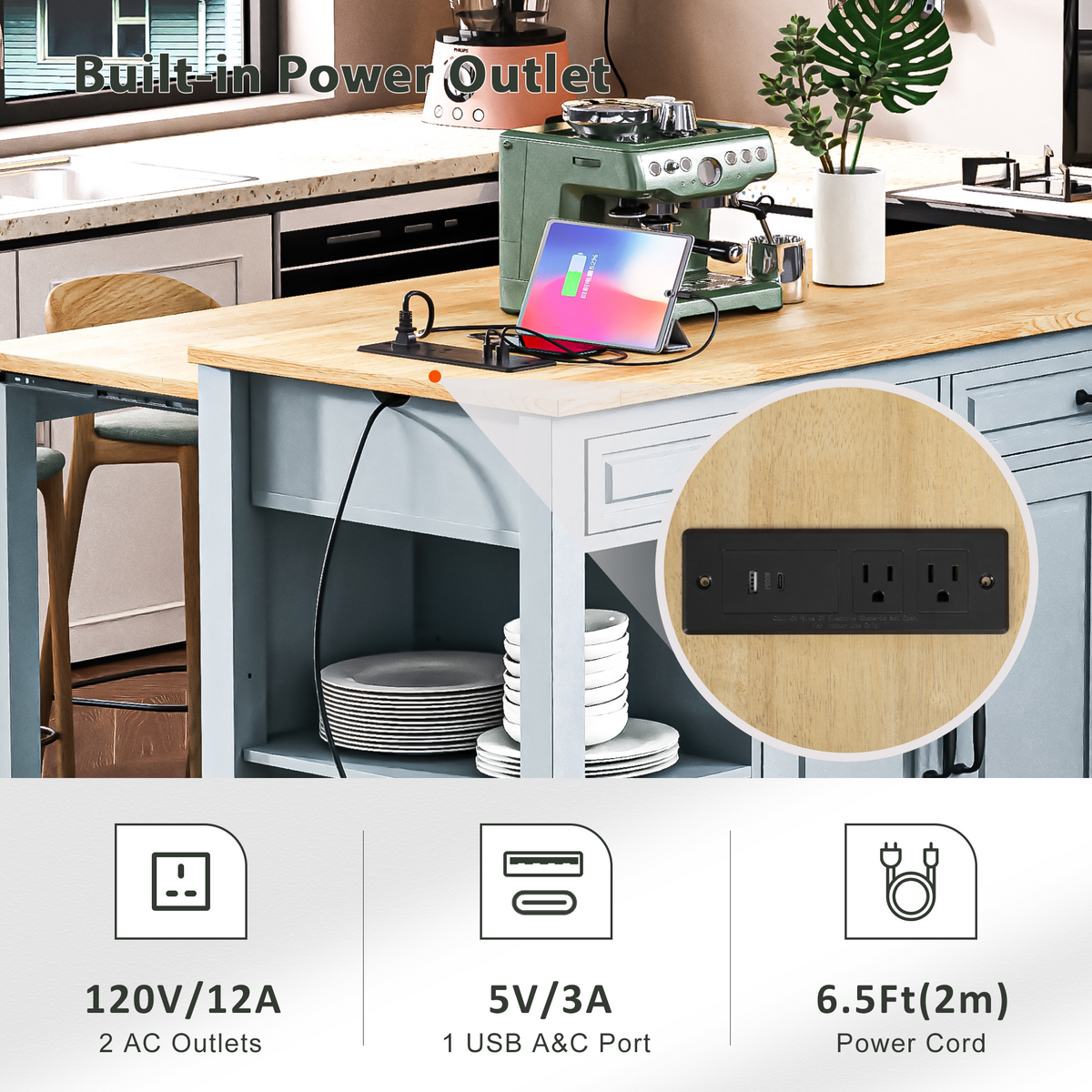 variant-group:rf-n707p215327g|Roomfitters 47" Kitchen Island with Extendable Dining Table, Storage Cabinet, Power Outlet, Rubber Wood Veneer, Grey Blue