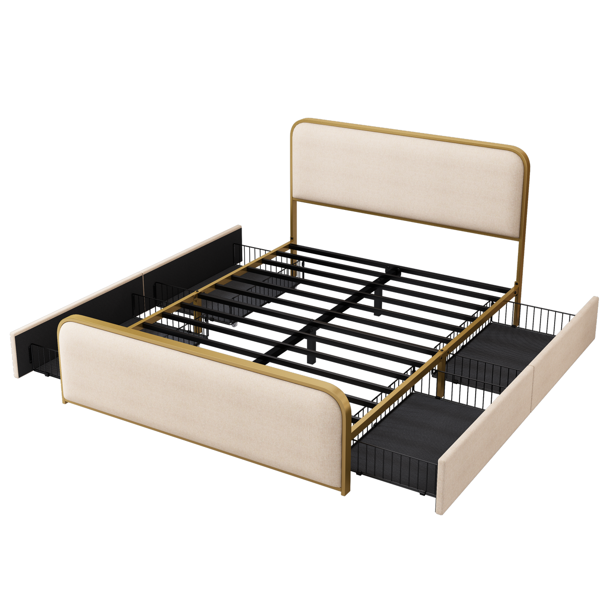 variant-group:rf-n701p229016c|Roomfitters Queen Size Upholstered Platform Bed Frame with Gold Metal Trim, Padded Curved Headboard & Footboard, Beige+Gold
