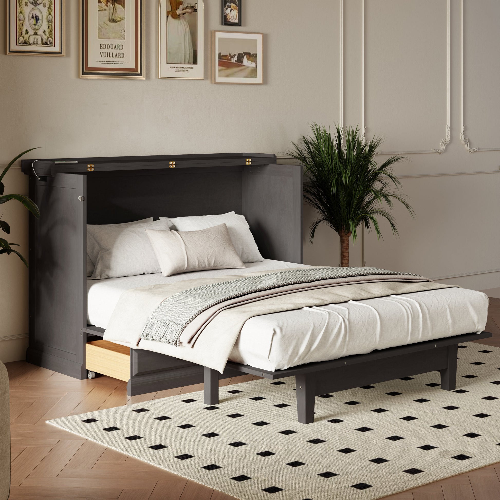 Roomfitters Full Size Solid Wood Murphy Bed Chest Cabinet, Farmhouse Wall Bed Charging Station Storage Drawer, Grey Roomfitters