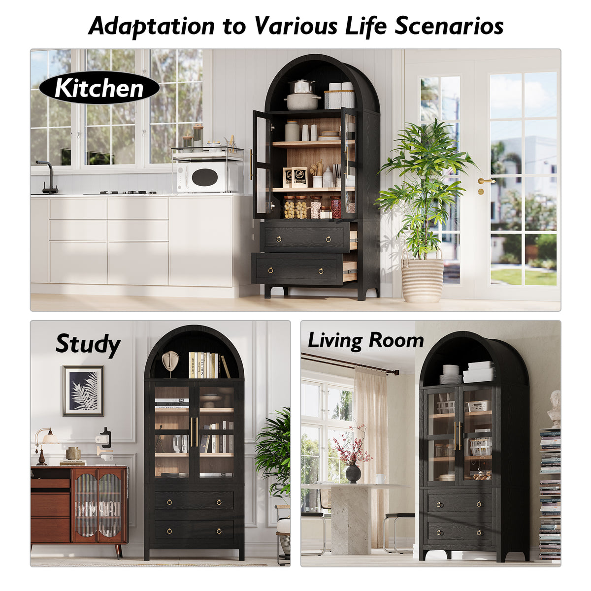 variant-group:rf-n707p288972b|Roomfitters 71" Pantry Cabinet with Arched Top and Glass Doors, 2 Storage Drawers and Adjustable Shelves for Kitchen, Black