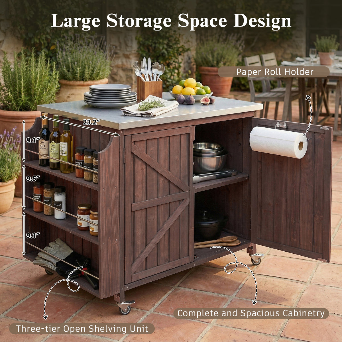 variant-group:rf-n707p370287z|Roomfitters 42.1" Grill Cart, Outdoor Kitchen Island with Stainless Steel Top, BBQ Prep Station with Spice Rack, Dark Brown