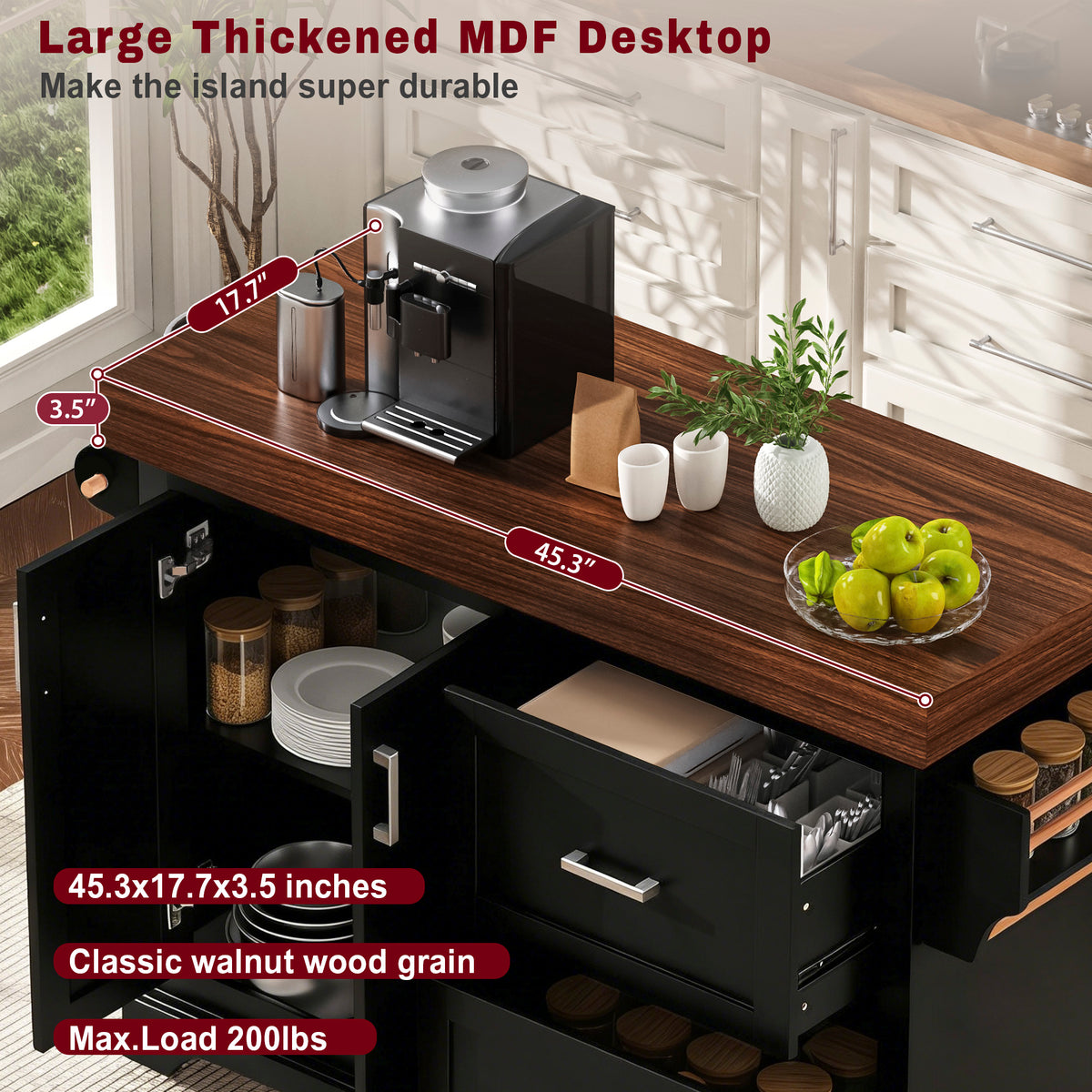 variant-group:rf-n707s000025b|Roomfitters 53" Kitchen Island with Butcher Block Top, Storage Cabinet with Drawers, Spice Rack and Towel Holder, Black