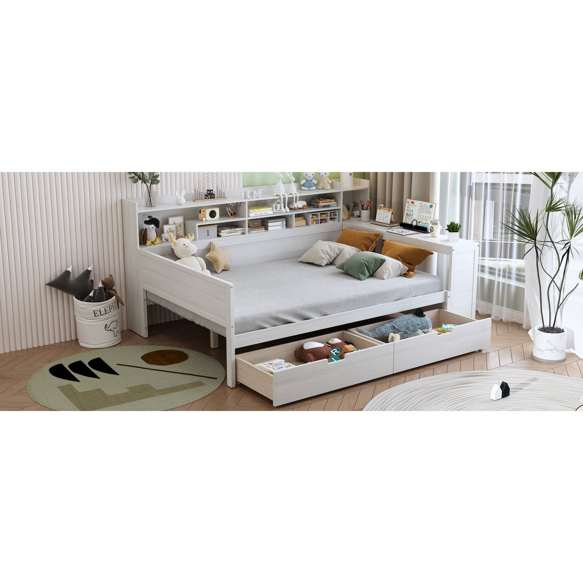 Roomfitters Full Daybed with Storage Shelves, Multi-Functional Bed with Drawers and Study Desk, Antique White
