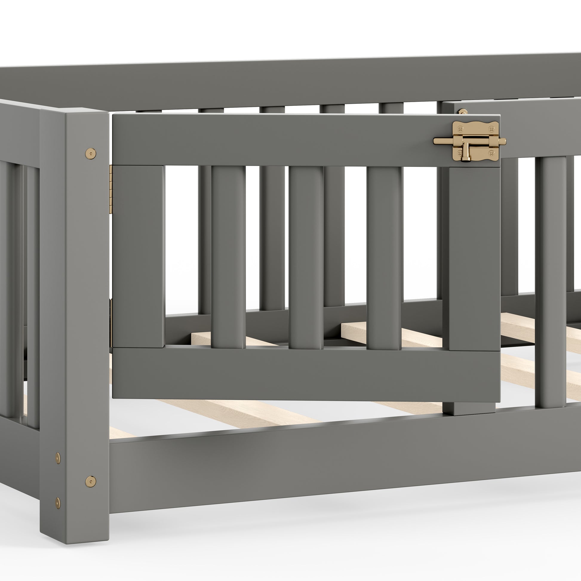 variant-group:rf-w1580p462312|Roomfitters Twin Size Wooden Floor Bed Frame with Safety Guardrails Door, Solid Wood Low Profile Toddler Play Bed, Gray