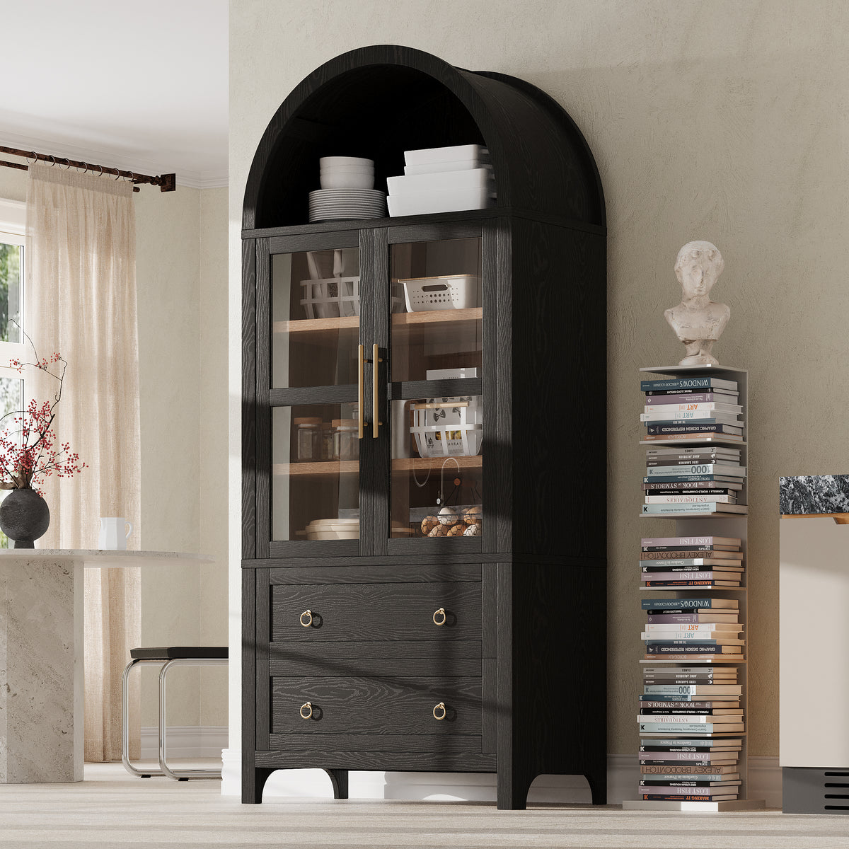 variant-group:rf-n707p288972b|Roomfitters 71" Pantry Cabinet with Arched Top and Glass Doors, 2 Storage Drawers and Adjustable Shelves for Kitchen, Black
