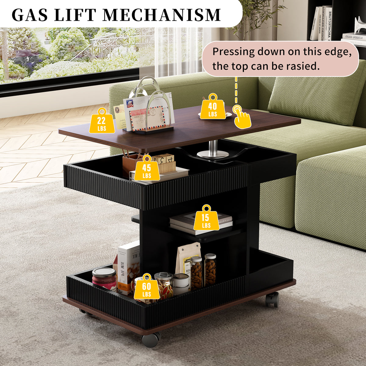 variant-group:rf-n724p292505b|Roomfitters Adjustable Sofa Side Table with Lift-Top, Rotating Surface and Storage on Wheels for Small Spaces, Black