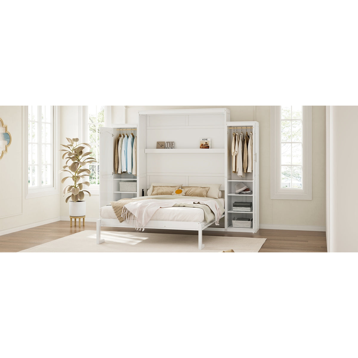 variant-group:rf-n733s339767k|Roomfitters Queen Murphy Bed with Storage Cabinets and Shelf, Foldable Wall Bed Platform for Guest Room and Bedroom, White