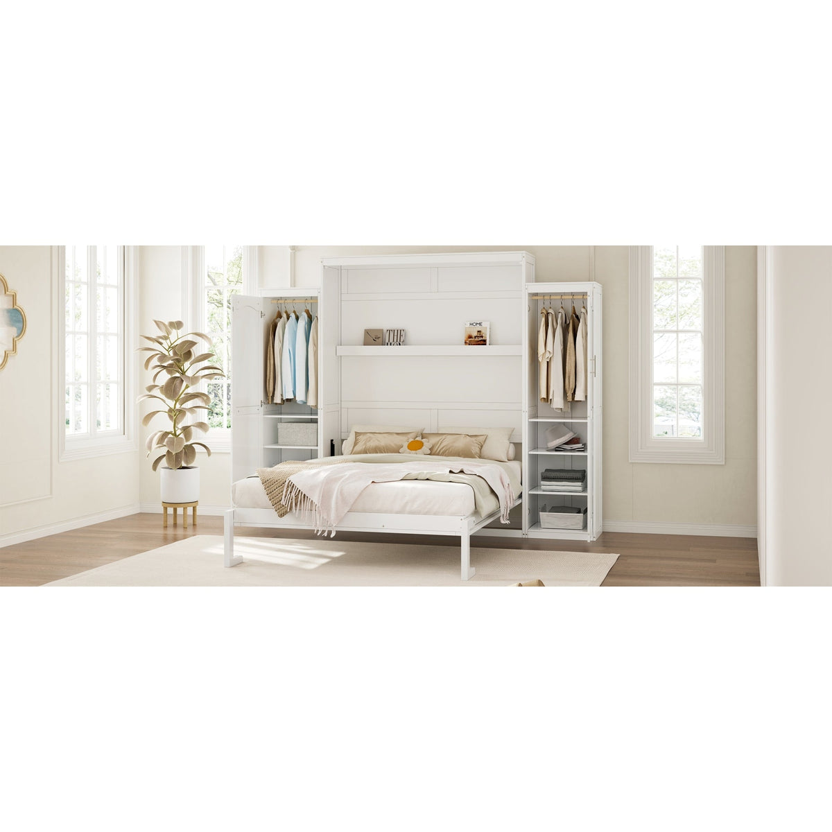 Roomfitters Queen Murphy Bed with Storage Cabinets and Shelf, Foldable Wall Bed Platform for Guest Room and Bedroom, White Roomfitters